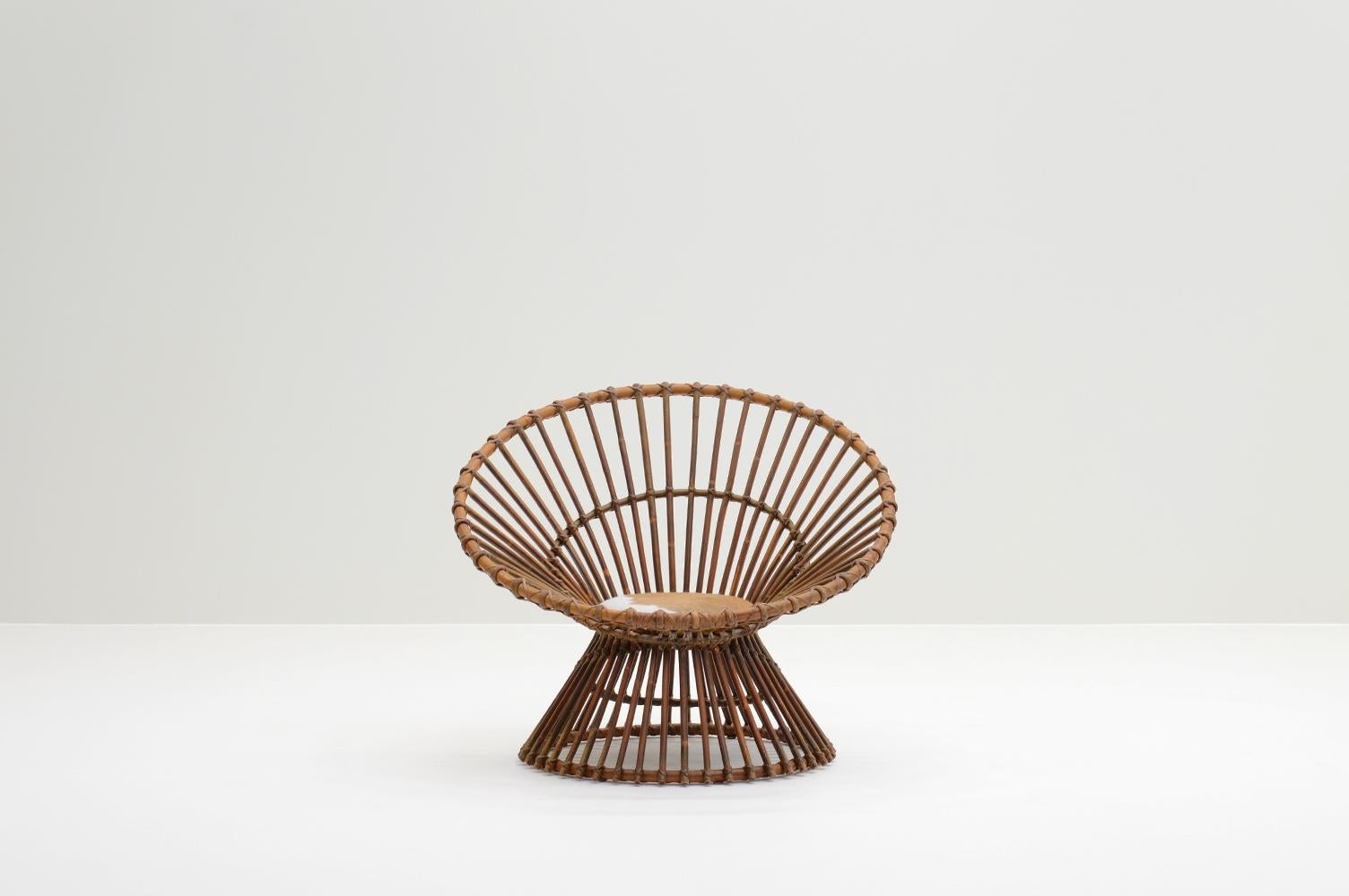 Mid-Century Modern Handmade Round Rattan Lounge Chair, Italy 60s For Sale
