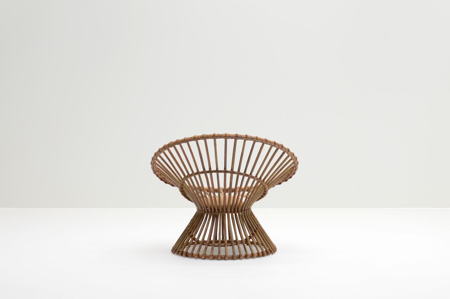 Italian Handmade Round Rattan Lounge Chair, Italy 60s For Sale