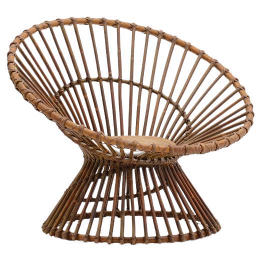Handmade Round Rattan Lounge Chair, Italy 60s For Sale