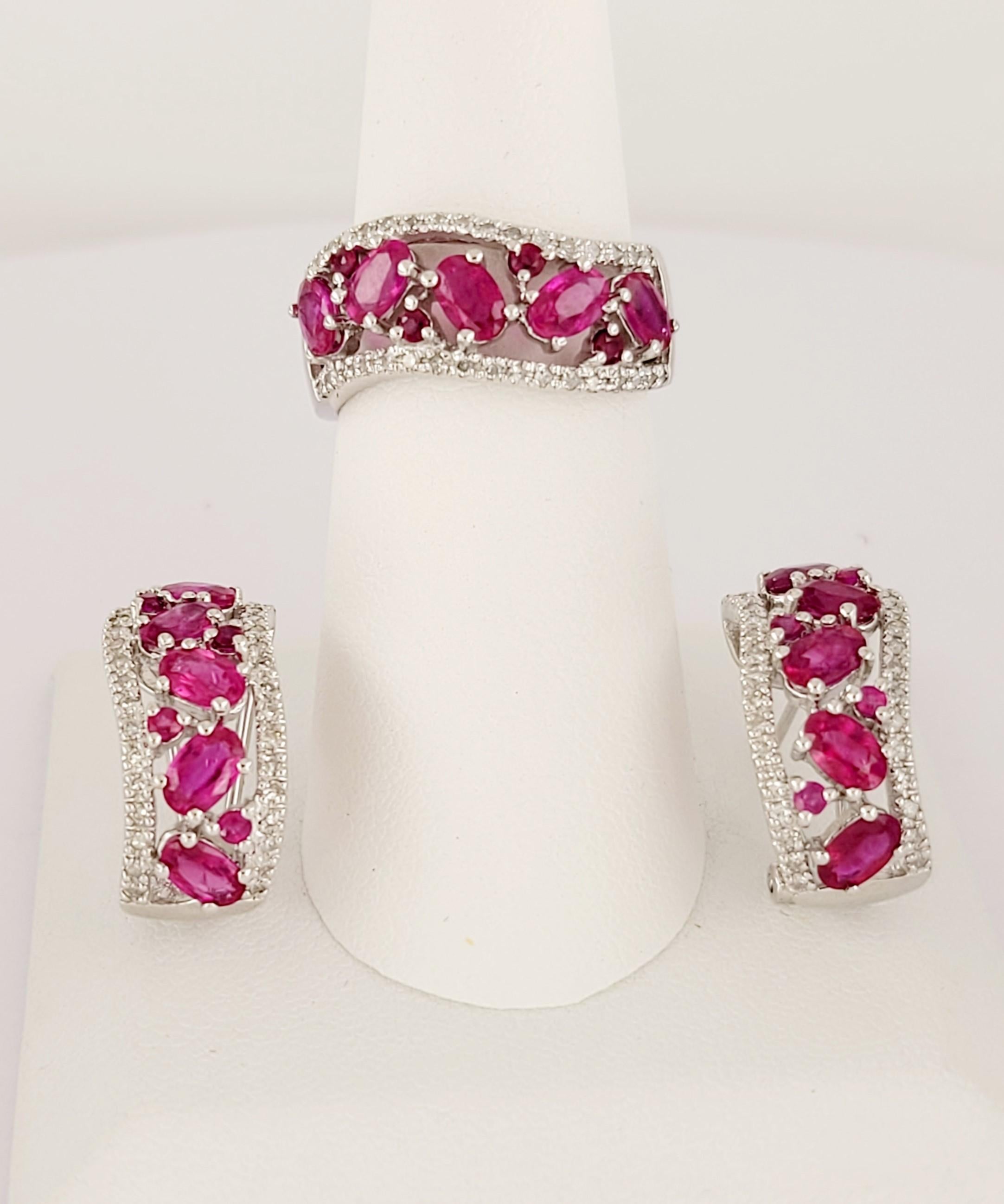 Hand -Made Ruby Ring & Earring in 14K White  Gold Set For Sale 3