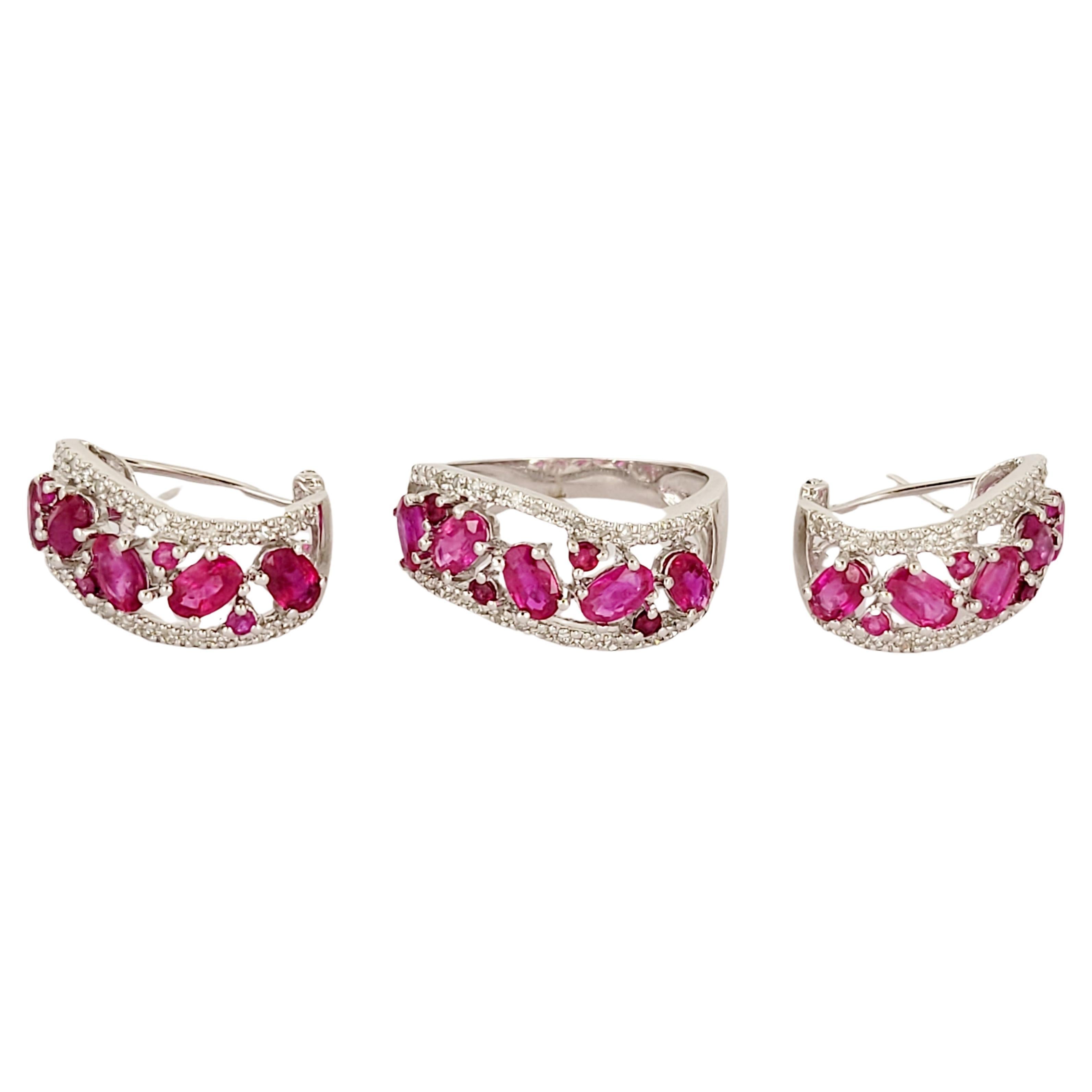 Hand -Made Ruby Ring & Earring in 14K White  Gold Set For Sale