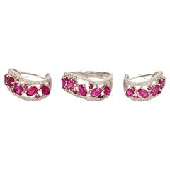 Hand -Made Ruby Ring & Earring in 14K White  Gold Set