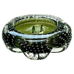 Vintage Handmade Sage Green and Clear Bubble Art Glass Ashtray / Bowl, circa 1960s 
