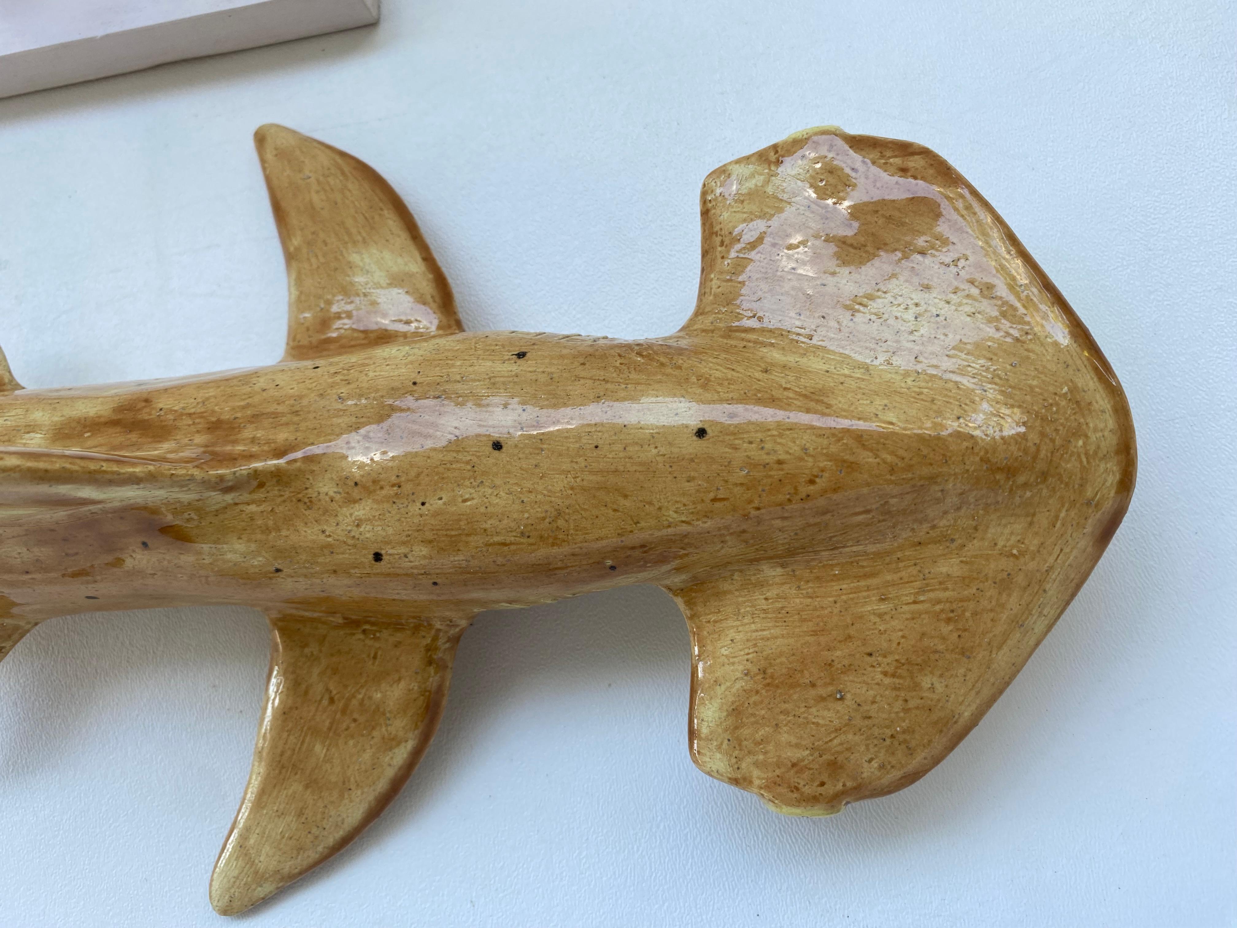 Modern Hand-Made Sculptural Glazed Ceramic Hammerhead Shark on Stand by Rexx Fischer  For Sale