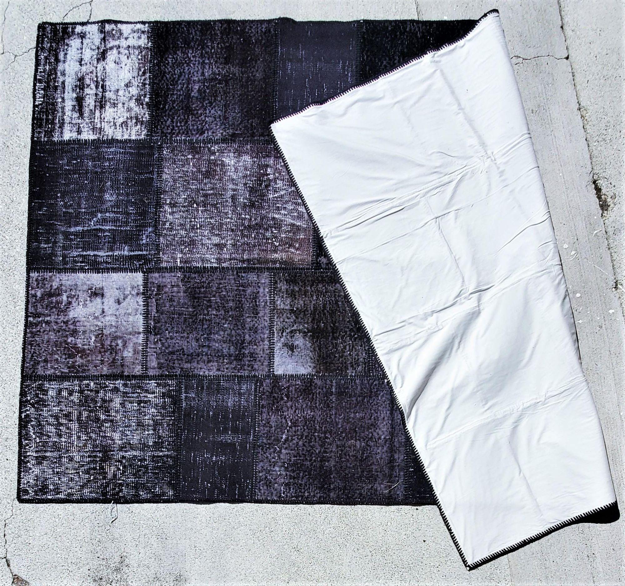 Modern Hand Made Shaved and Wool Rug, Black For Sale