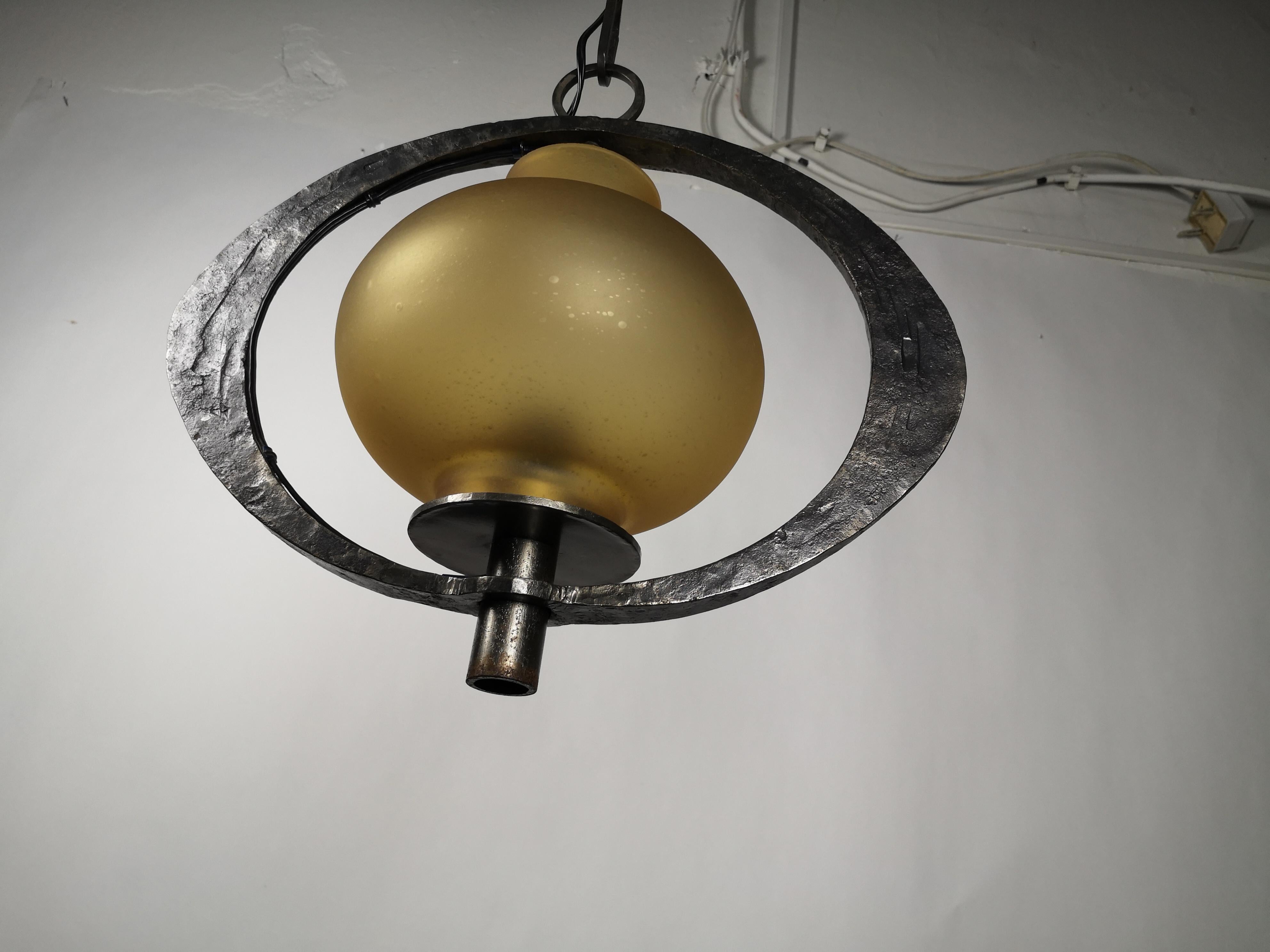 Hand Crafted Brutalist Iron Pendant Light with Bronze Milk Glass Shade 1970s For Sale 6