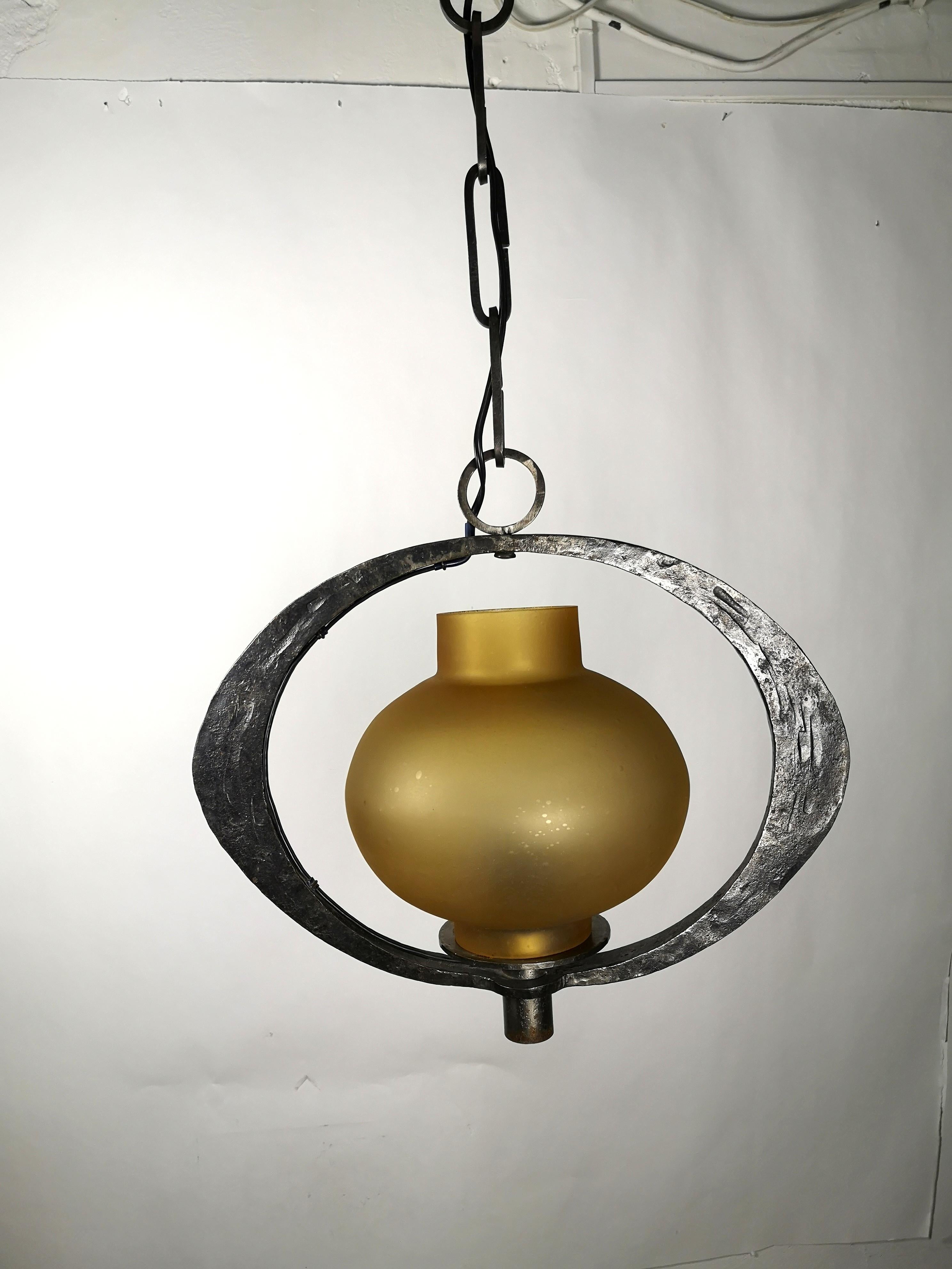 Hand Crafted Brutalist Iron Pendant Light with Bronze Milk Glass Shade 1970s In Good Condition For Sale In Budapest, HU