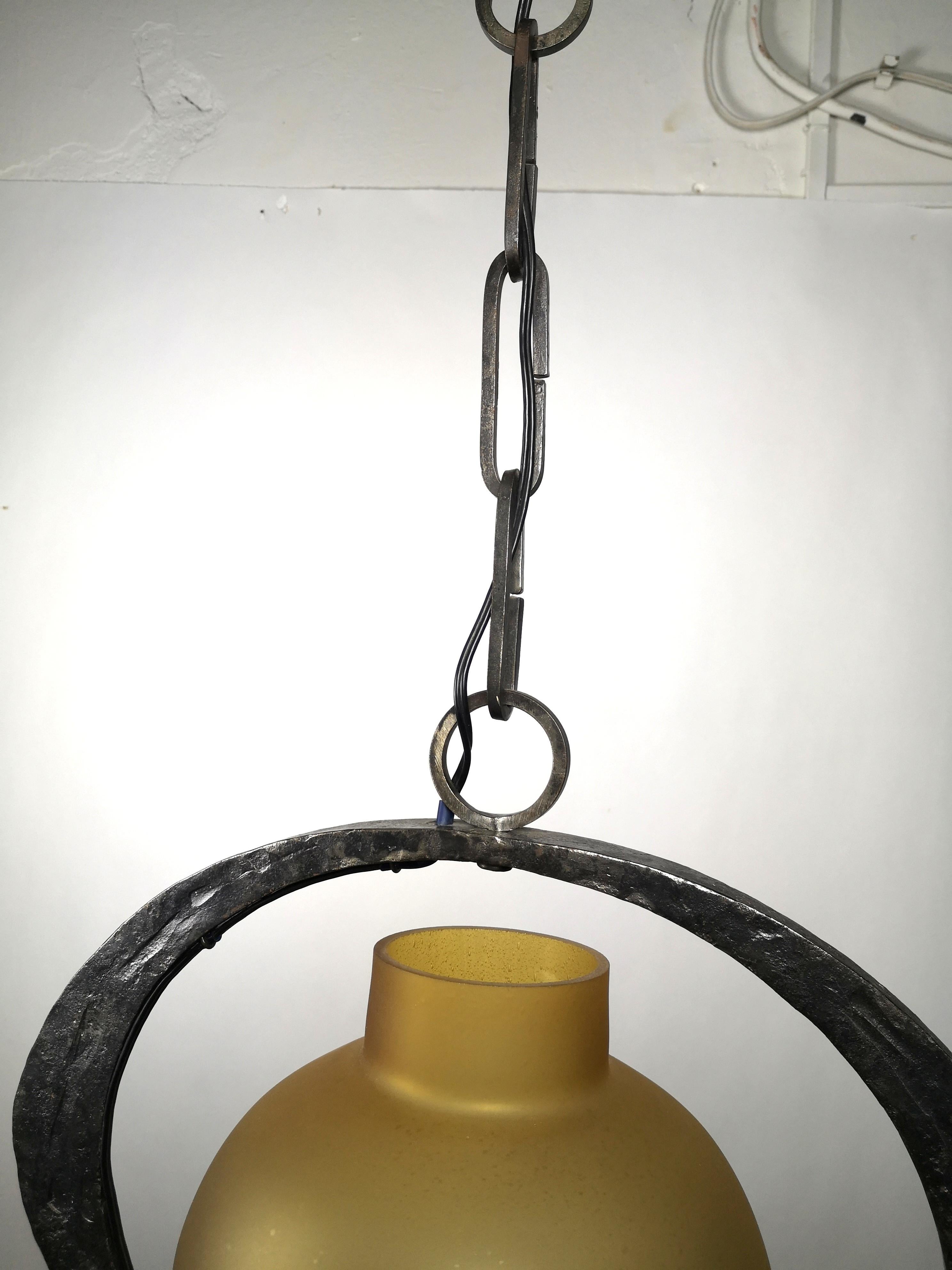 Late 20th Century Hand Crafted Brutalist Iron Pendant Light with Bronze Milk Glass Shade 1970s For Sale