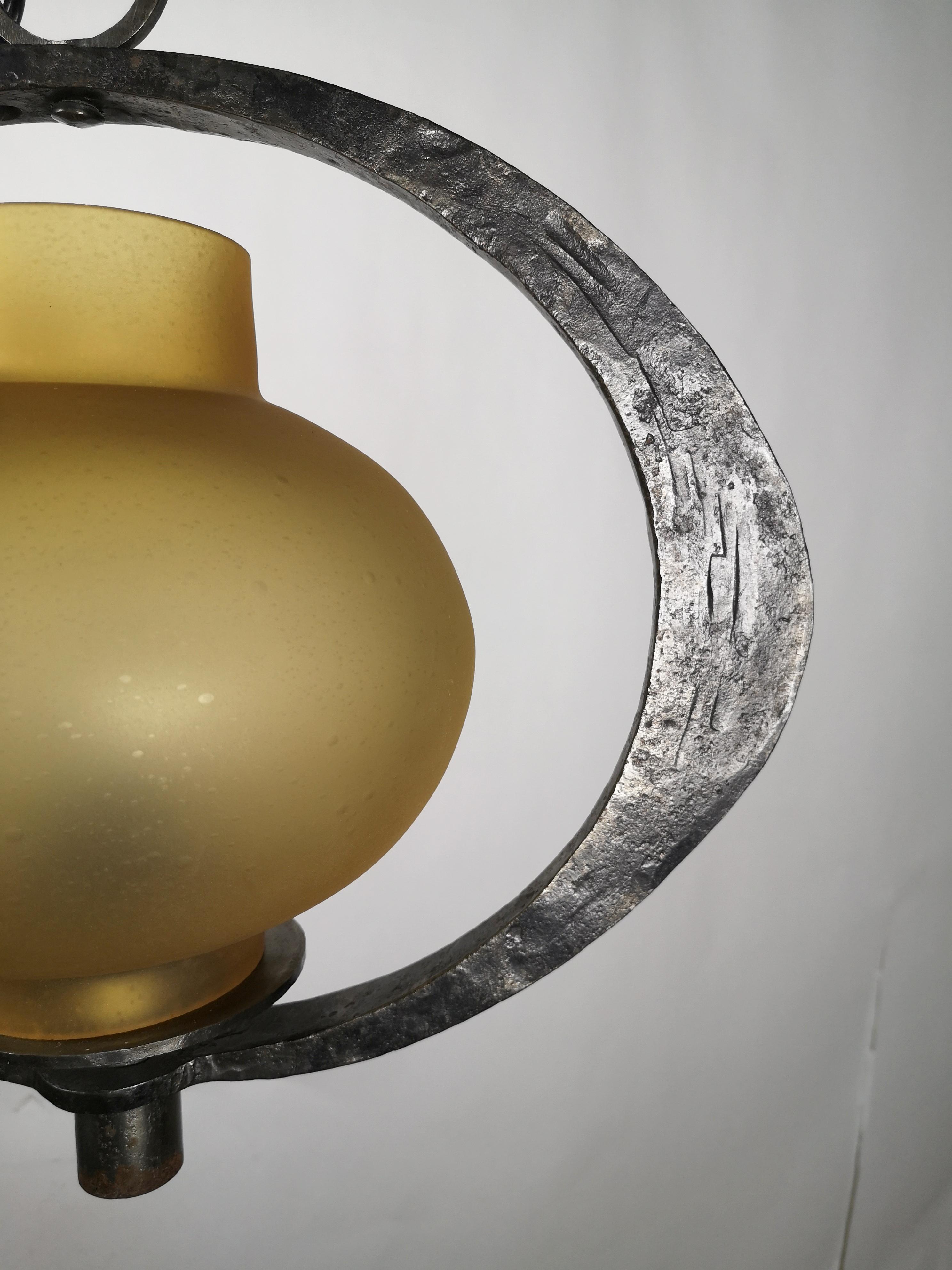 Hand Crafted Brutalist Iron Pendant Light with Bronze Milk Glass Shade 1970s For Sale 1