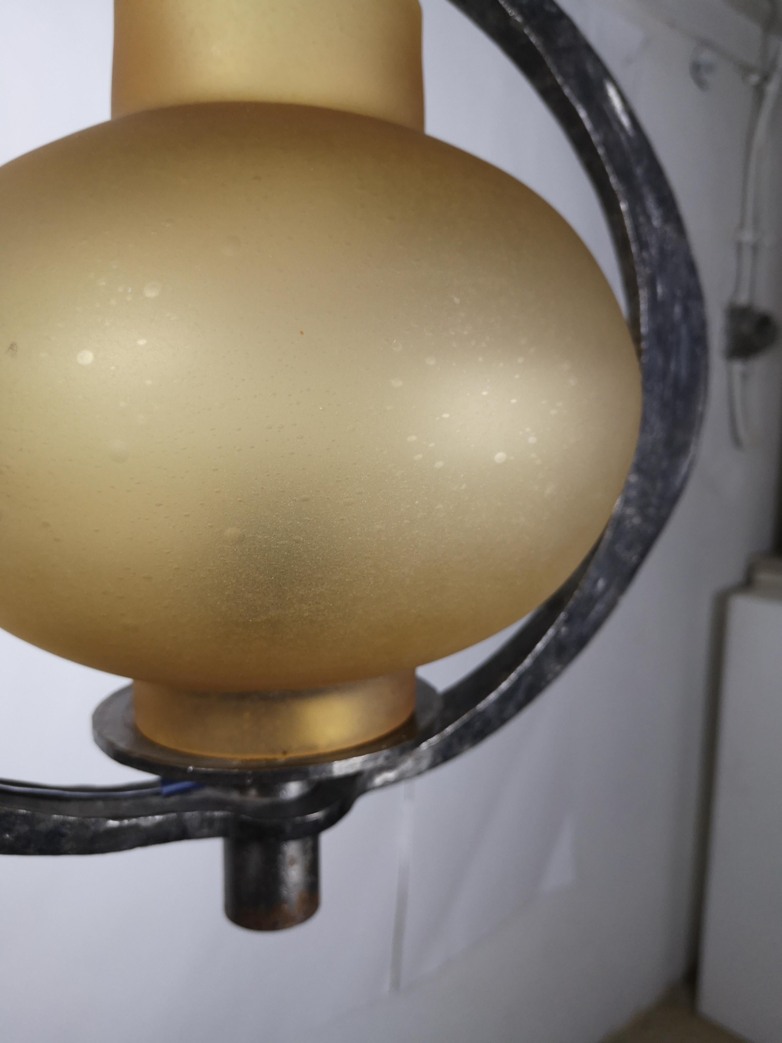 Hand Crafted Brutalist Iron Pendant Light with Bronze Milk Glass Shade 1970s For Sale 3