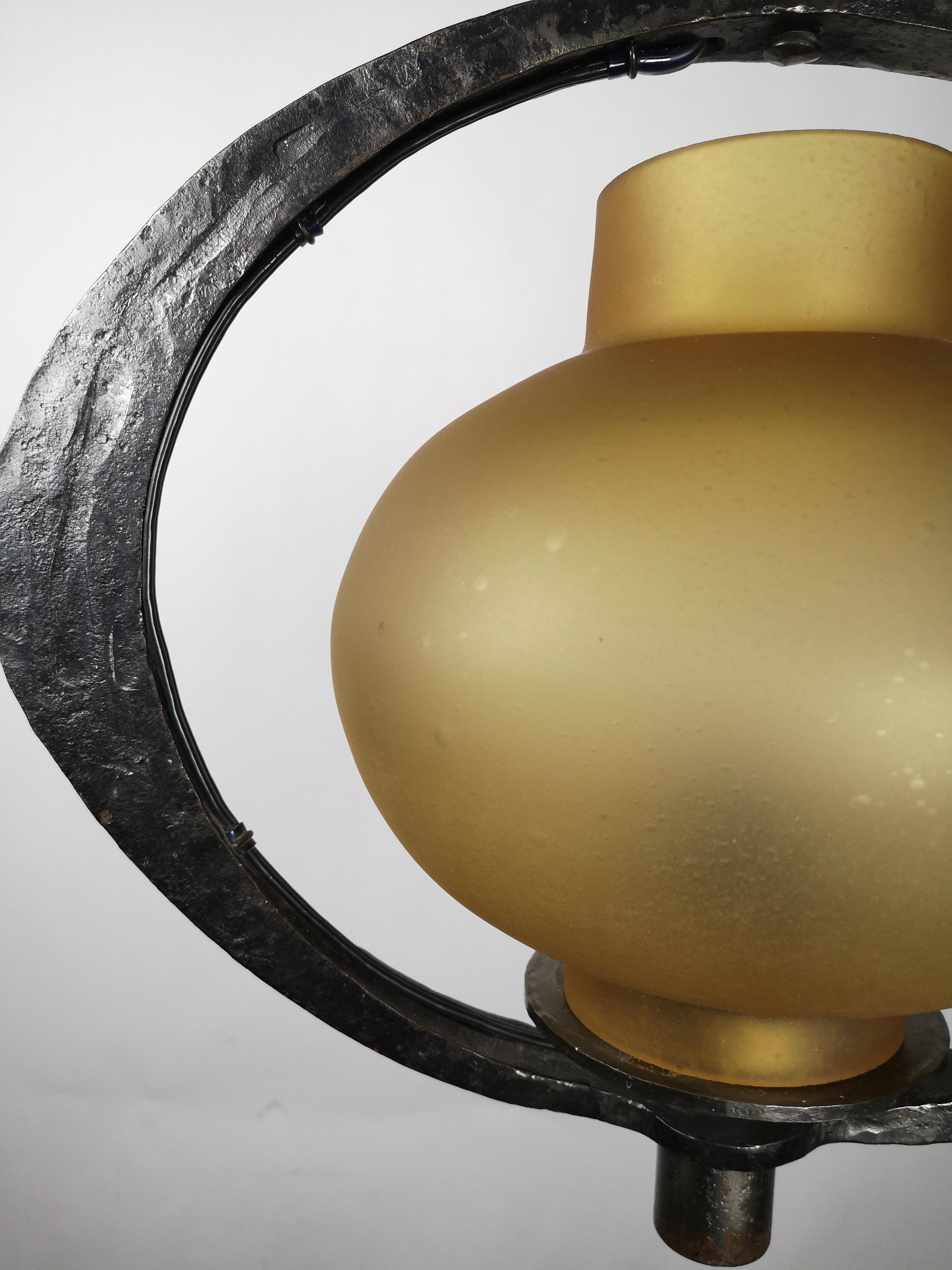 Hand Crafted Brutalist Iron Pendant Light with Bronze Milk Glass Shade 1970s For Sale 4