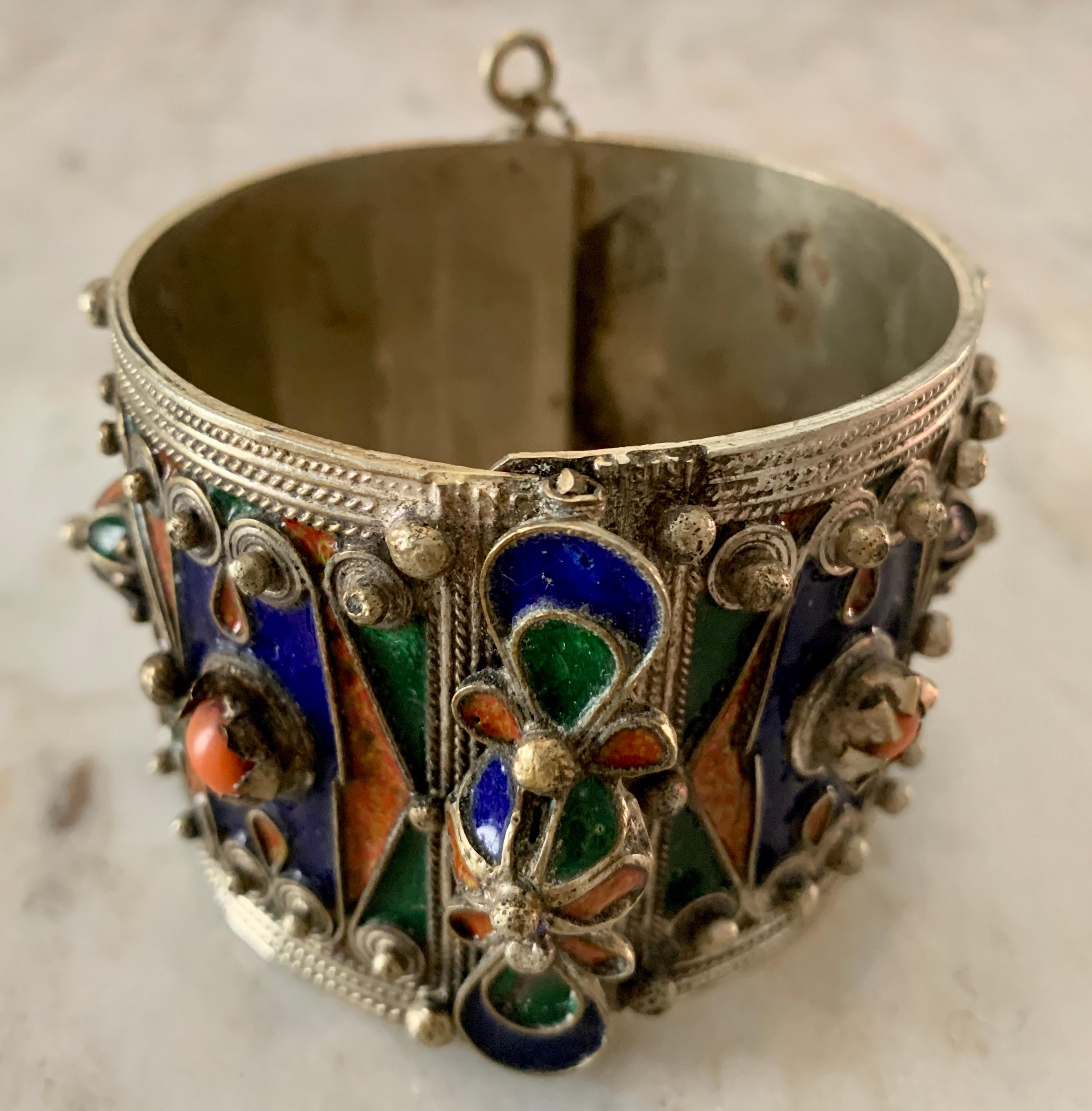 Handmade silver and enamel bracelet cuff - wonderful detailing and colors - a must have for the bohemian styled person - a great stand alone piece or with added bangles.