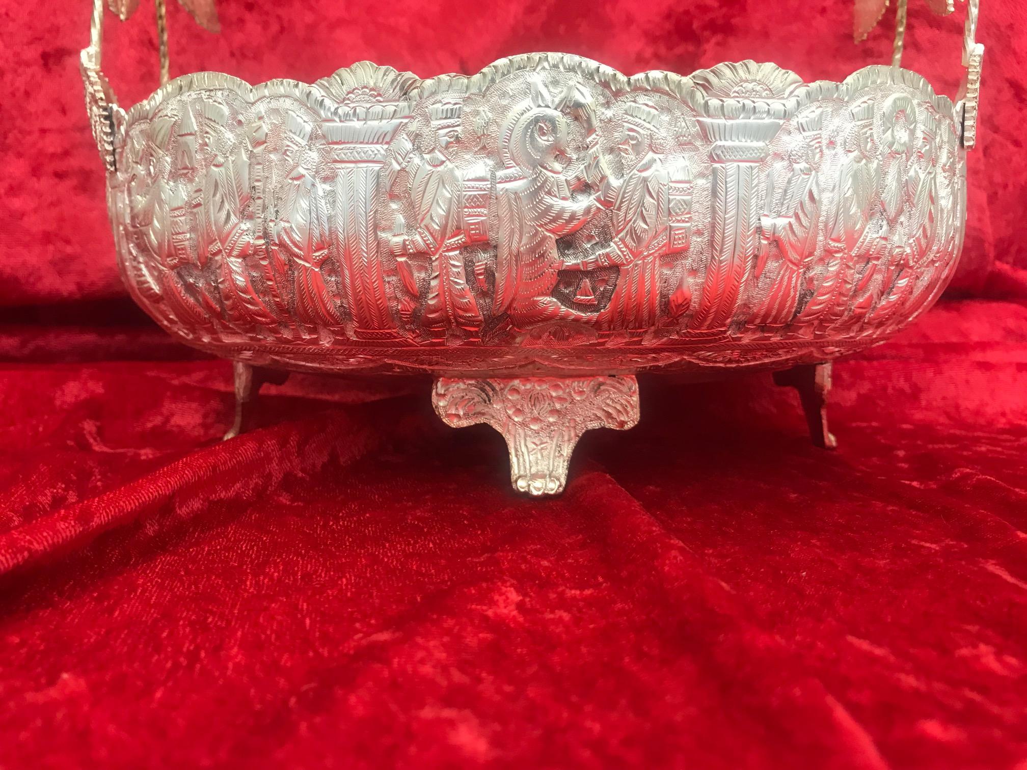 Arts and Crafts Handmade Silver Bowl Oval Shape with 4 Legs and Handle with Leaves For Sale