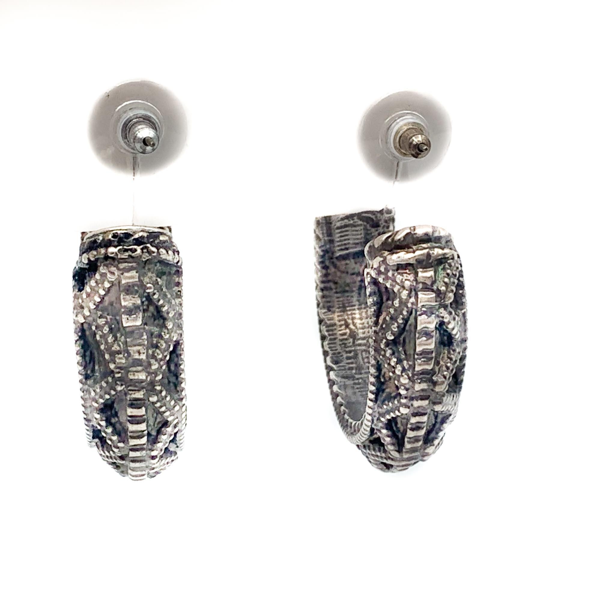 Women's or Men's Hand Made silver Textured Design Hoop Earrings Pair