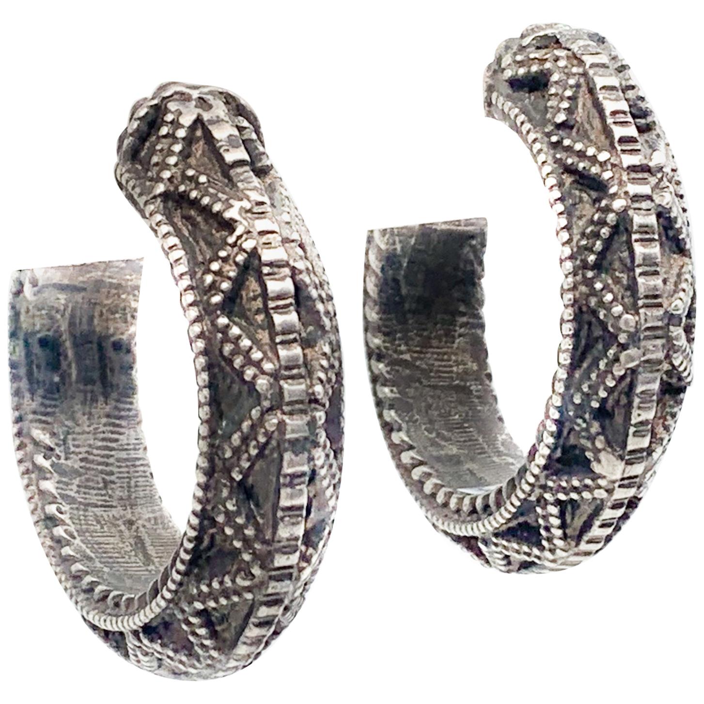 Hand Made silver Textured Design Hoop Earrings Pair