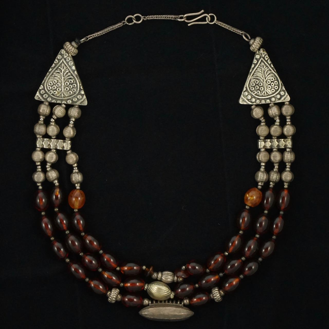 Hand Made Silver Tone and Triple Strand Polished Cognac Amber Bead Necklace For Sale 4