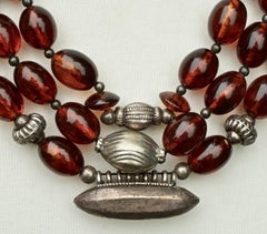 Hand Made Silver Tone and Triple Strand Polished Cognac Amber Bead Necklace