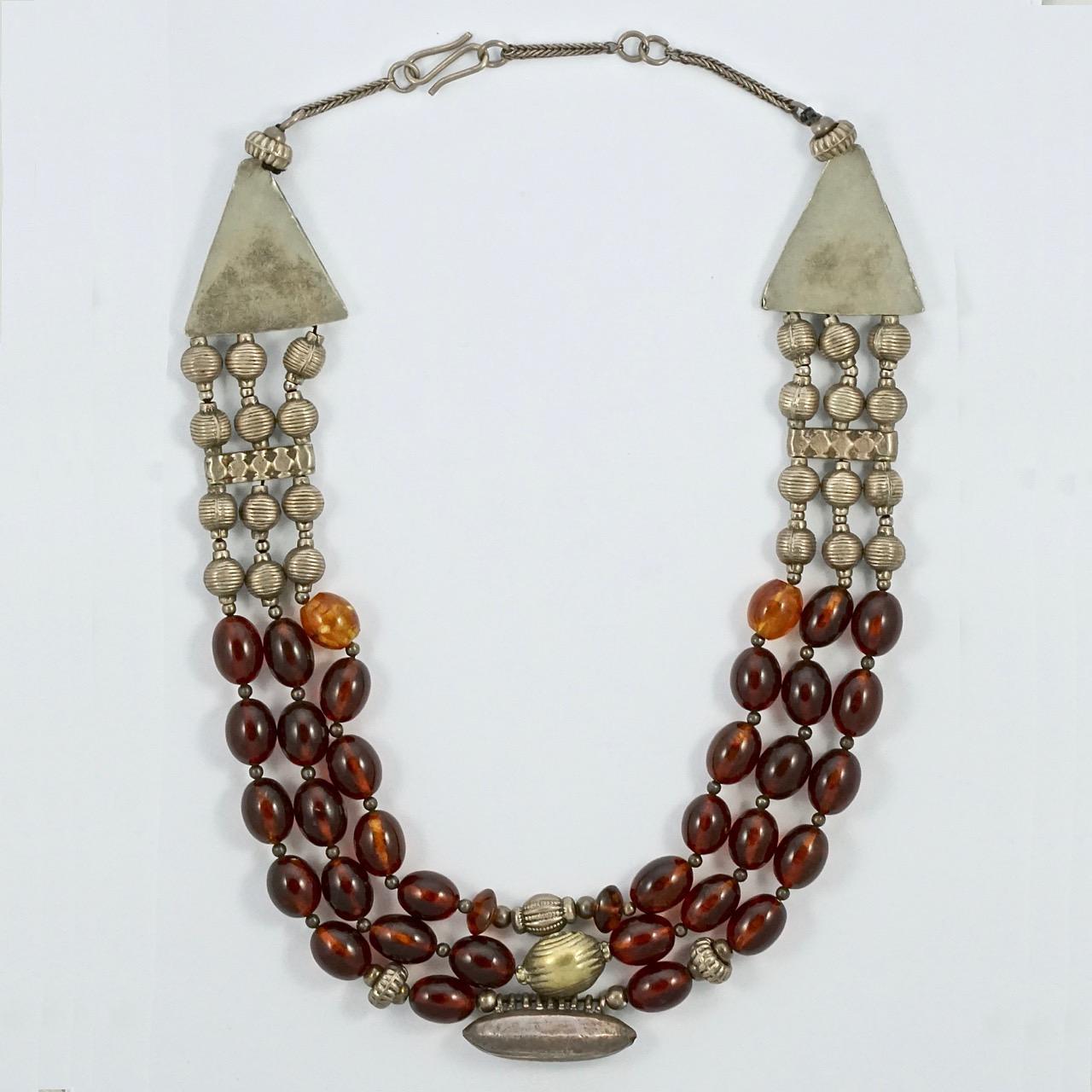 Hand Made Silver Tone and Triple Strand Polished Cognac Amber Bead Necklace In Good Condition For Sale In London, GB