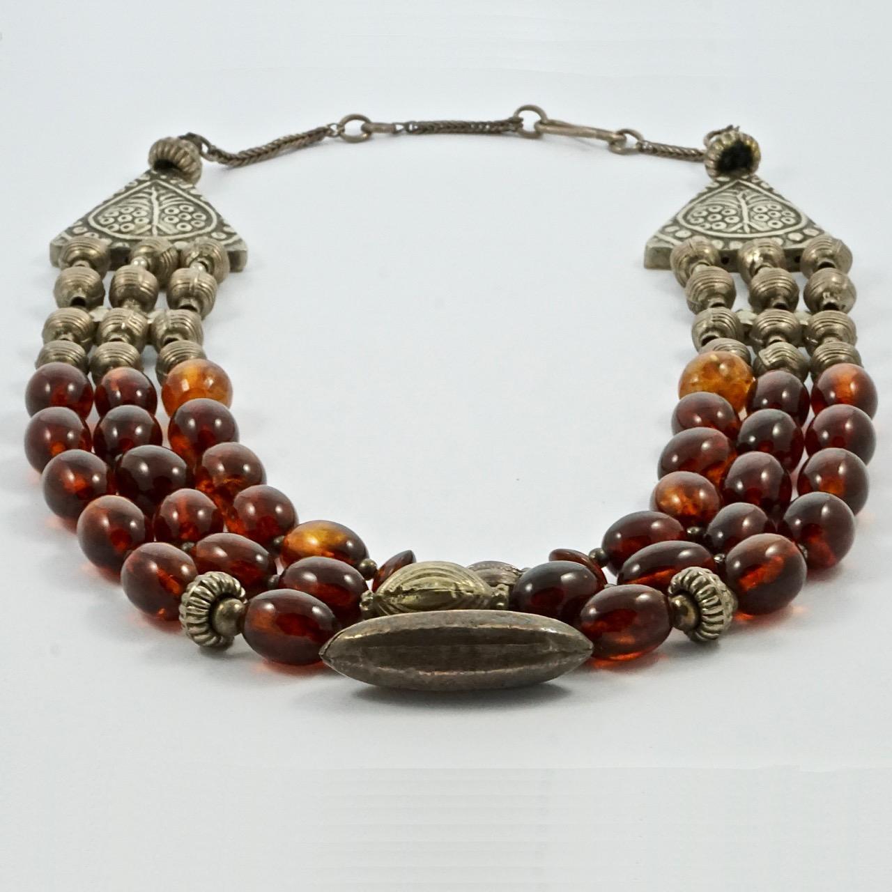 Women's or Men's Hand Made Silver Tone and Triple Strand Polished Cognac Amber Bead Necklace For Sale