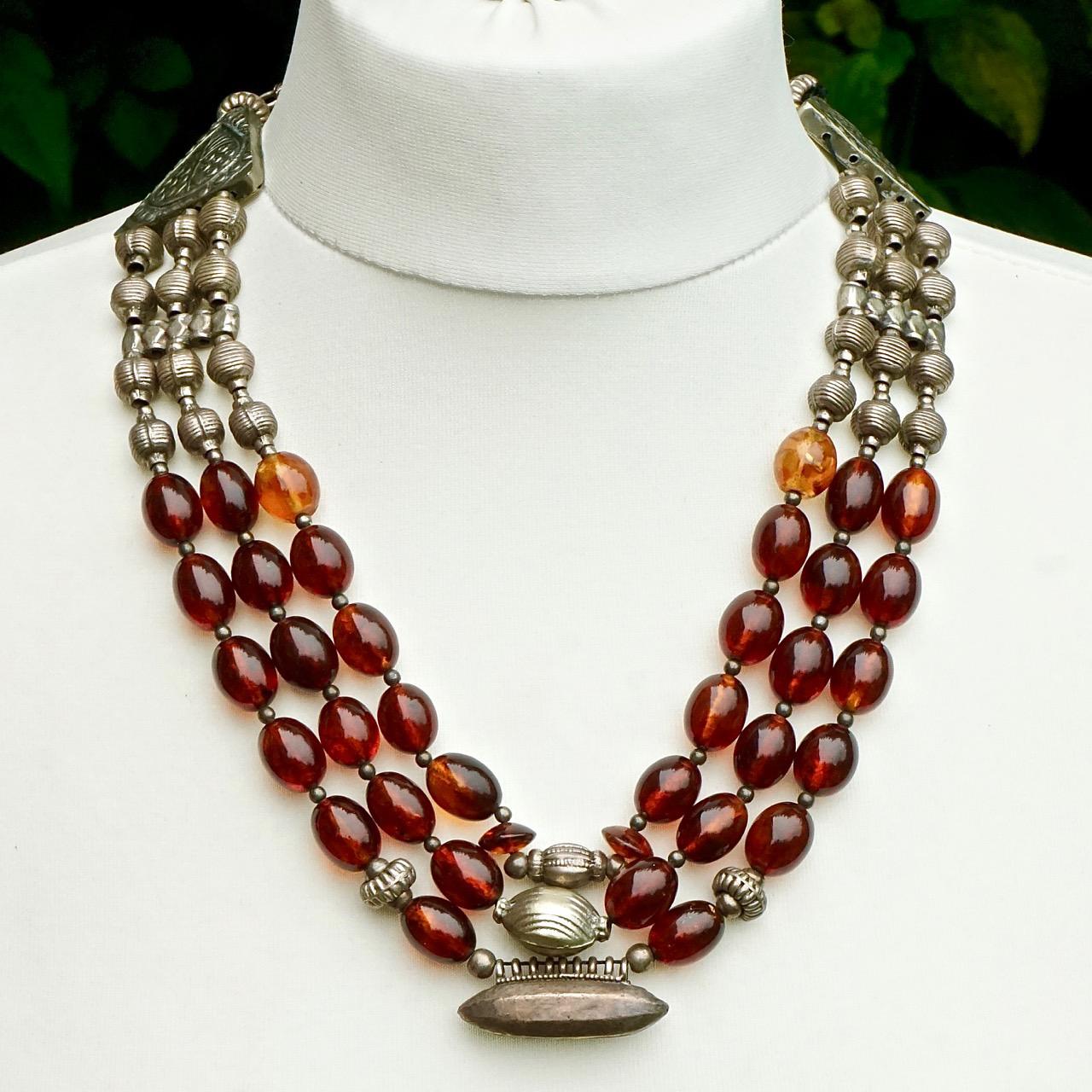 Hand Made Silver Tone and Triple Strand Polished Cognac Amber Bead Necklace For Sale 1