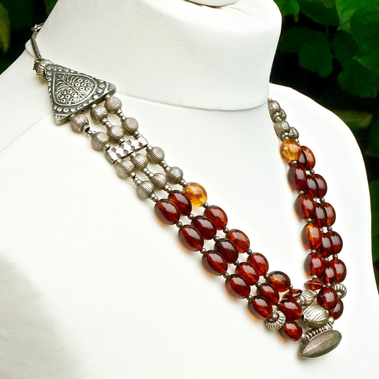 Hand Made Silver Tone and Triple Strand Polished Cognac Amber Bead Necklace For Sale 2