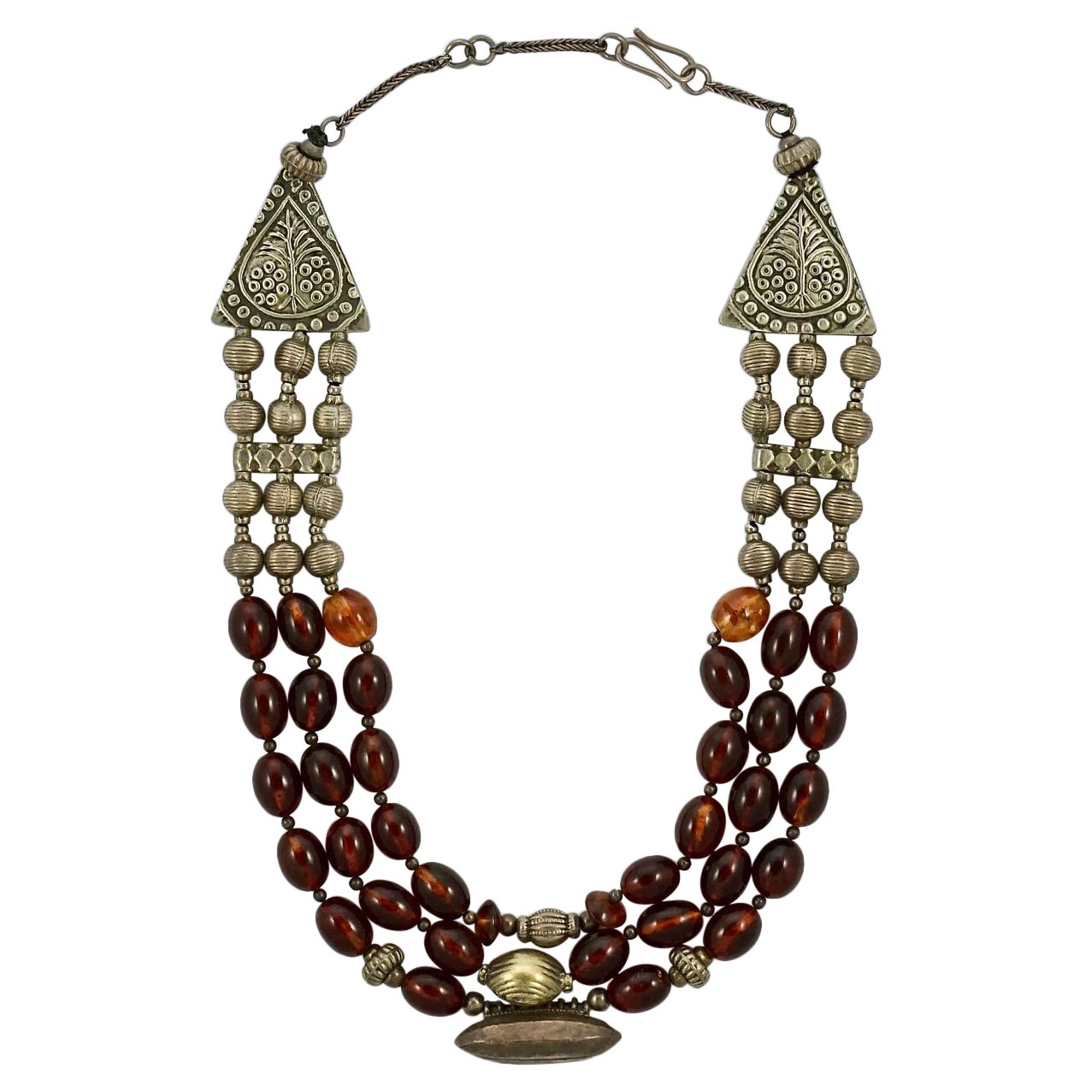 Hand Made Collar de cuentas de ámbar coñac pulido de tres vueltas y tono plateado