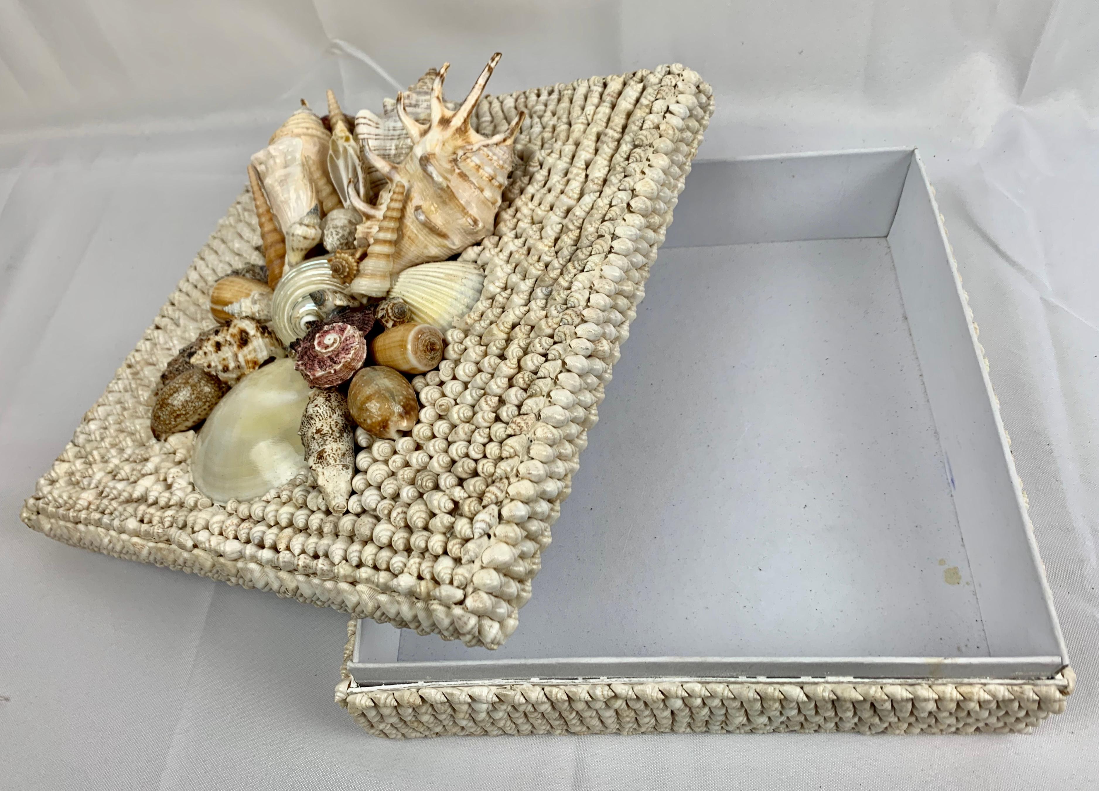 Square Box with Natural White Sea Shells and Removable Lid, Hand Decorated In Good Condition In West Palm Beach, FL
