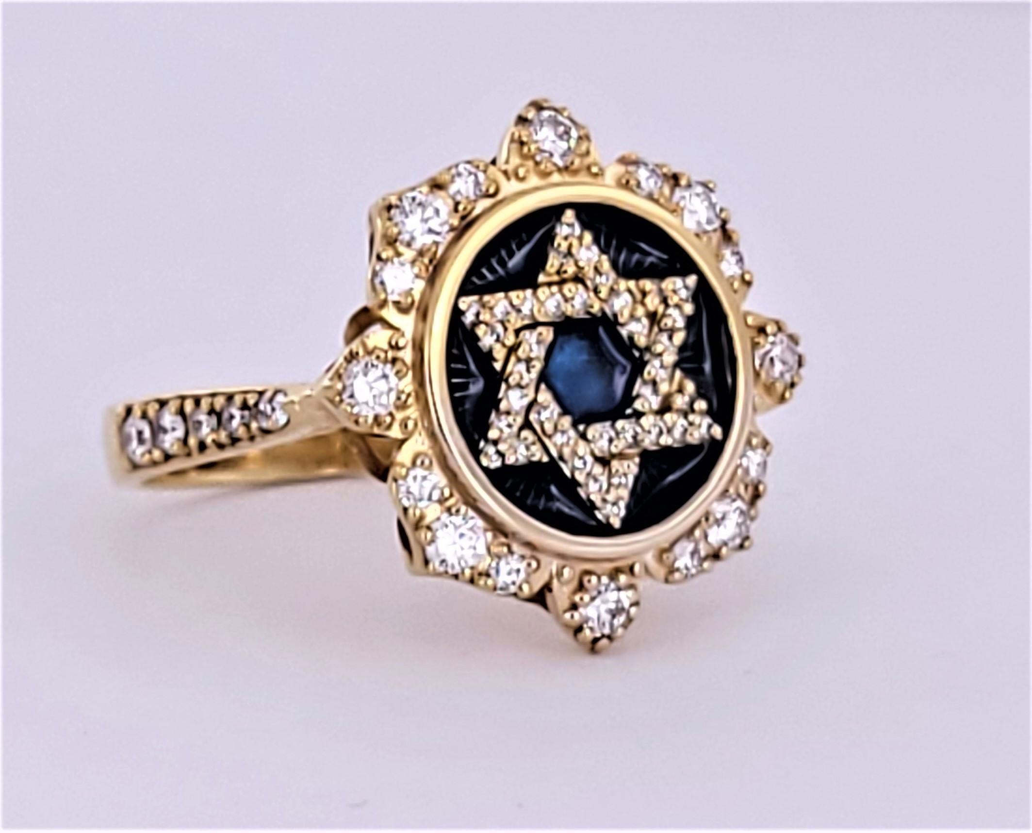 Hand Made Star of David
Material 14K Yellow Gold

Diamonds .65ct
Diamond Clarity VS
Color Grade G

Ring dimension:
Ring Size 7.75
Weight 5.7gm
Top of ring : 18.5mm
Top thickness: 4.8mm
star: 10.2mm

Condition New
Retail Price:$2700