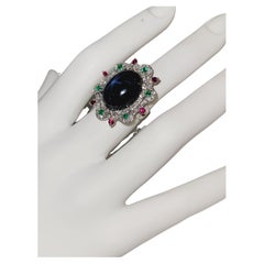 Hand-Made Star Sapphire  Ruby Emerald  Diamond 14K White Gold Ring size 5.75