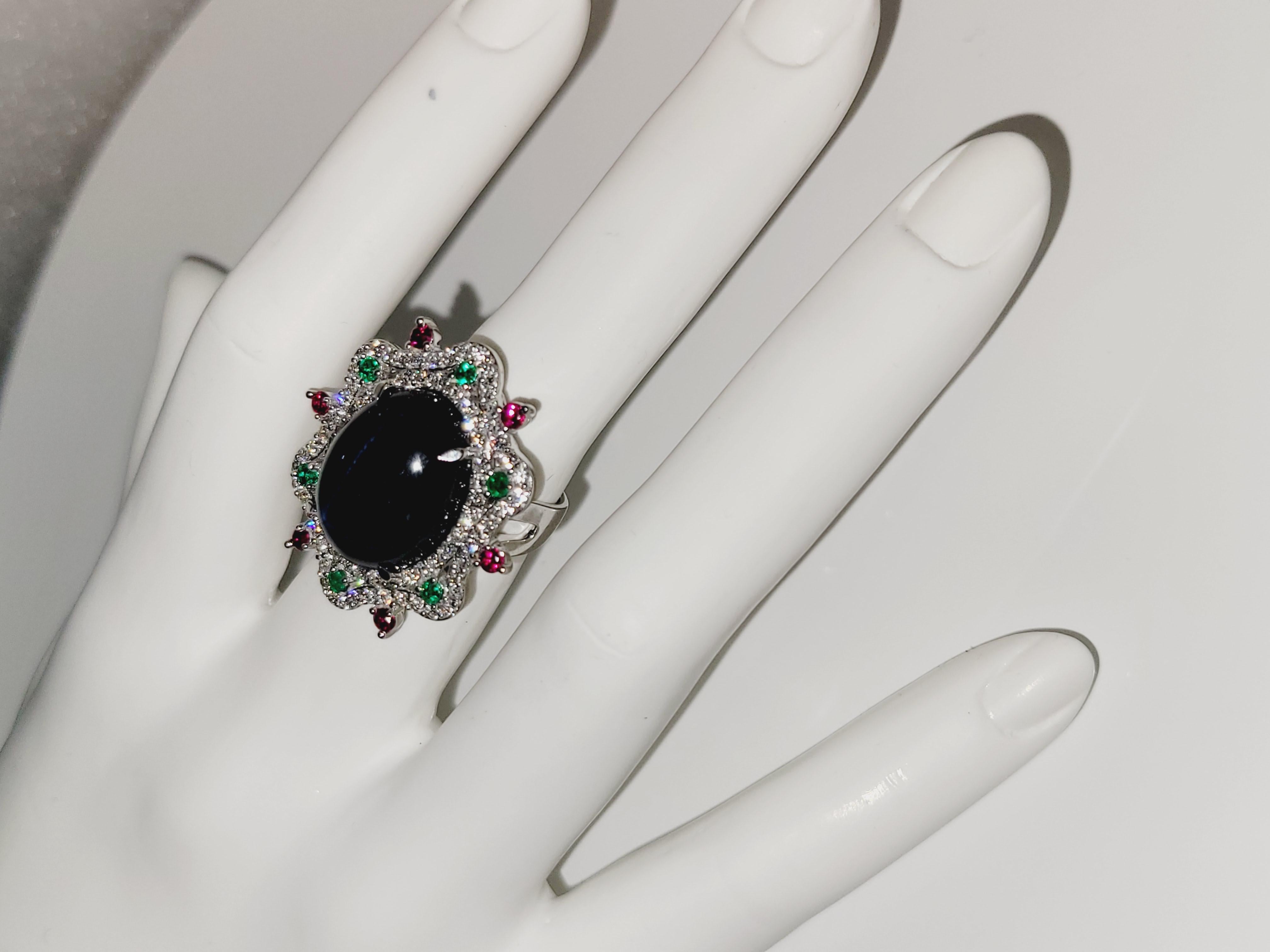 Art Deco Hand-Made Star Sapphire  Ruby Emerald  Diamond 14K White Gold Ring size 5.75 For Sale