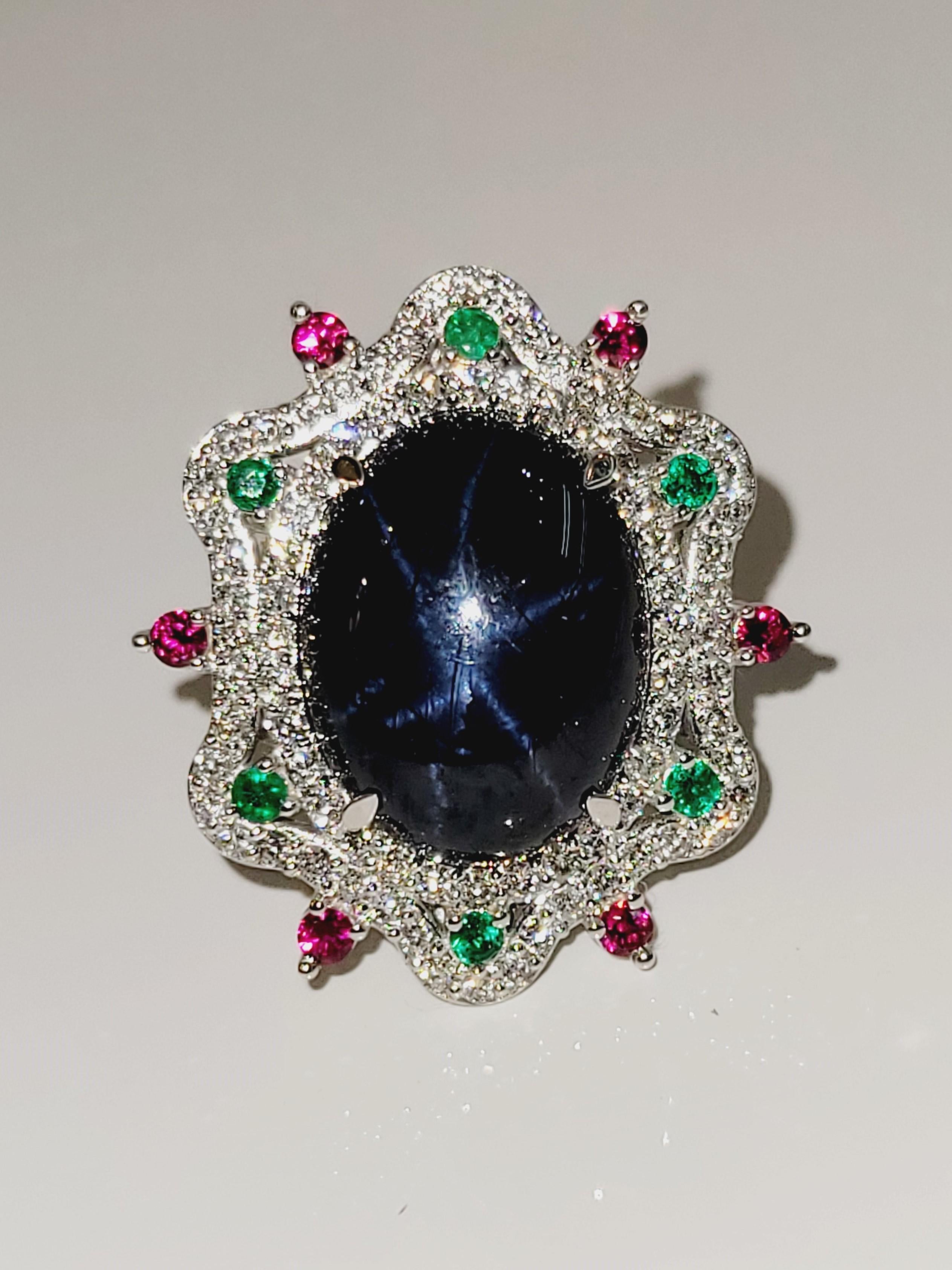 Oval Cut Hand-Made Star Sapphire  Ruby Emerald  Diamond 14K White Gold Ring size 5.75 For Sale