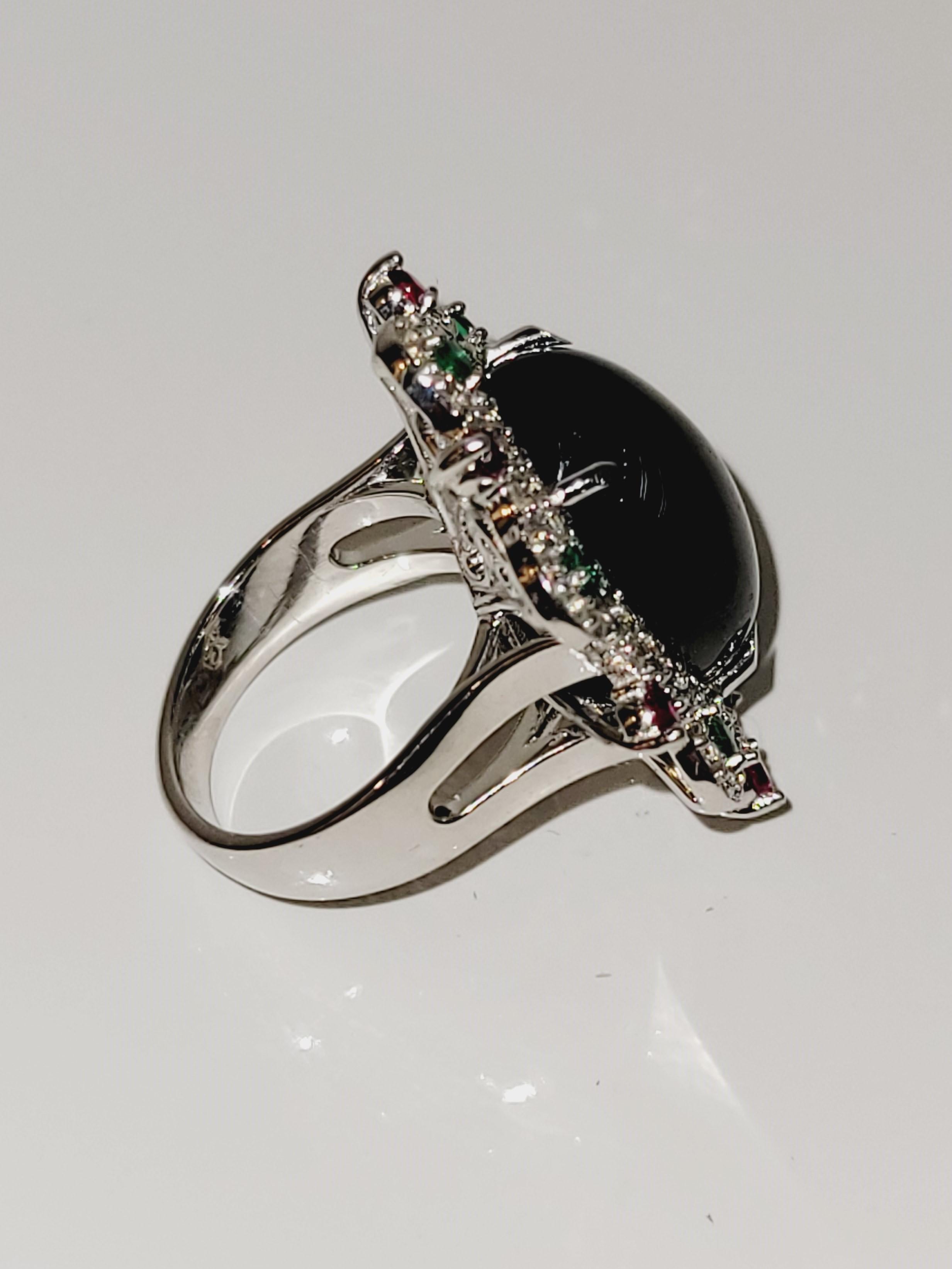 Hand-Made Star Sapphire  Ruby Emerald  Diamond 14K White Gold Ring size 5.75 In New Condition For Sale In New York, NY