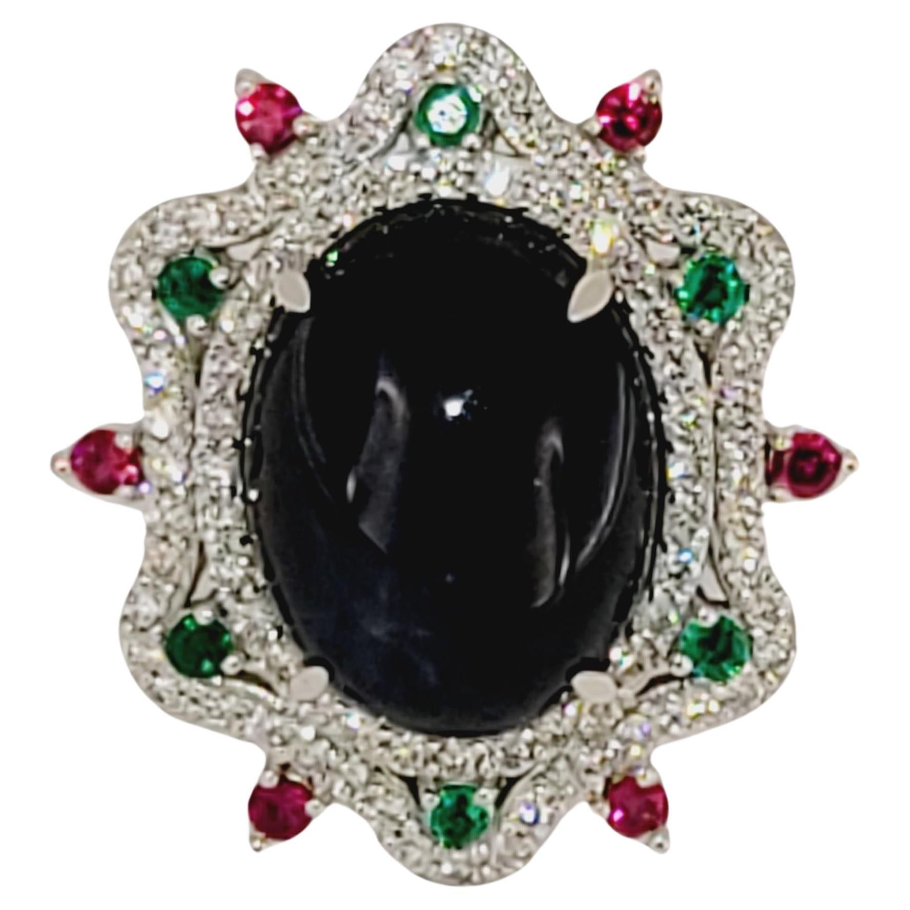 Hand-Made Star Sapphire  Ruby Emerald  Diamond 14K White Gold Ring size 5.75 For Sale