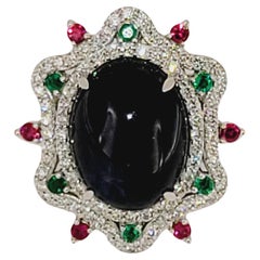 Handgefertigter Sternsaphir  Rubin Smaragd  Diamant 14K Weißgold Ring Größe 5,75 mit Diamant