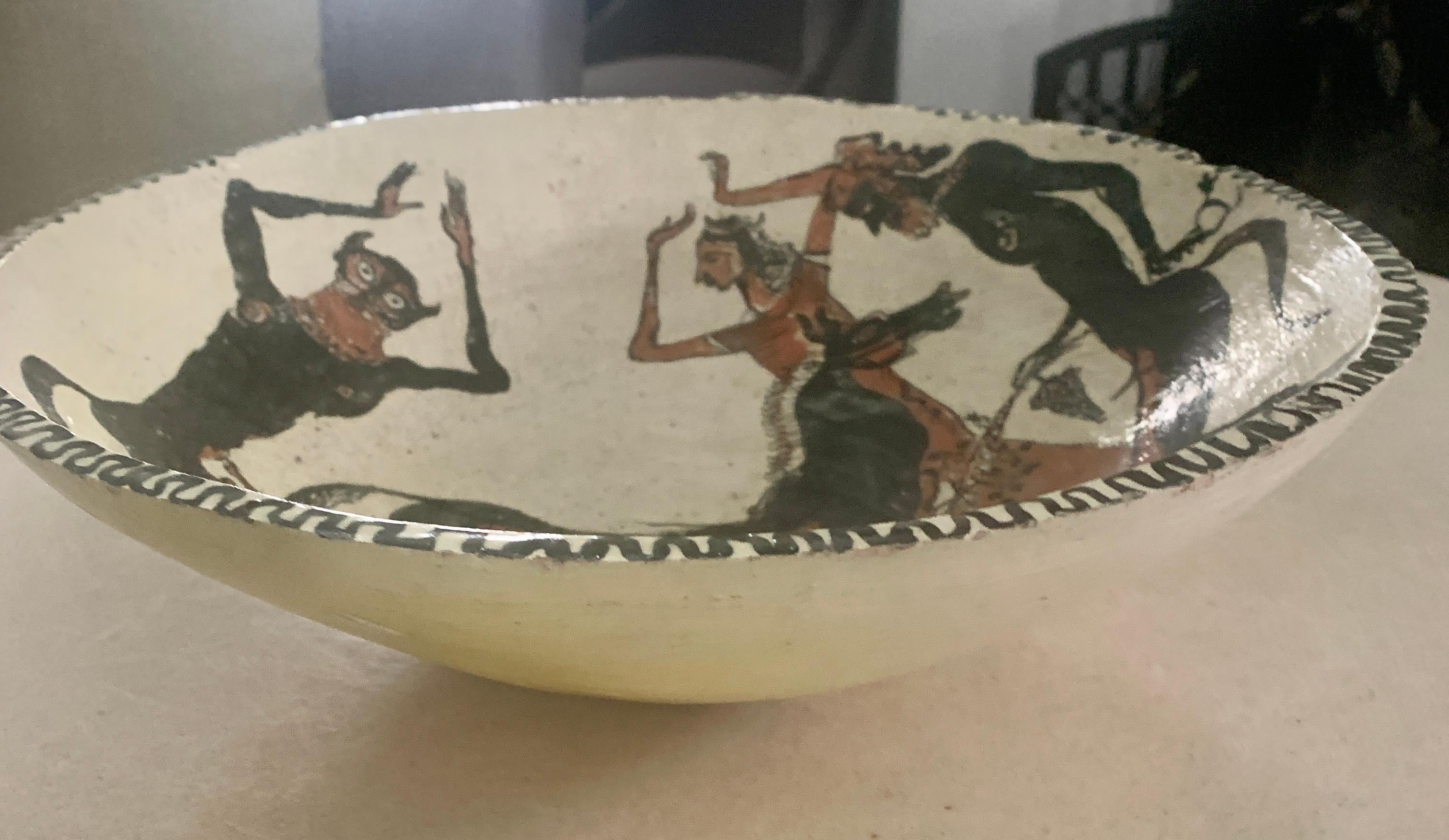 Mid-Century Modern Hand Made Pottery Bowl with Figural Drawing in the Style of Cocteau For Sale