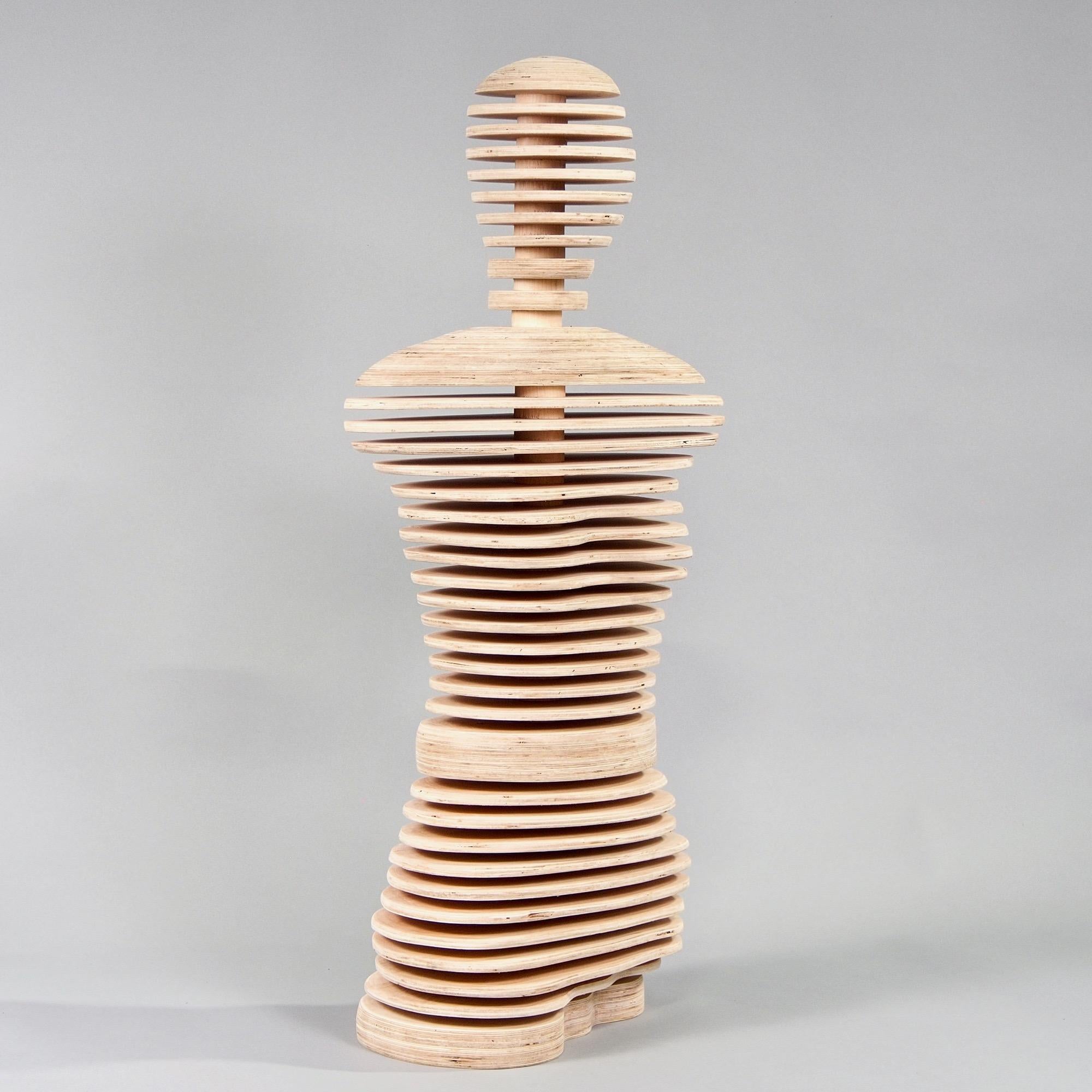 New, hand-crafted mannequin torso composed of spaced and layered unfinished wood. Created and acquired from an English artist.
        