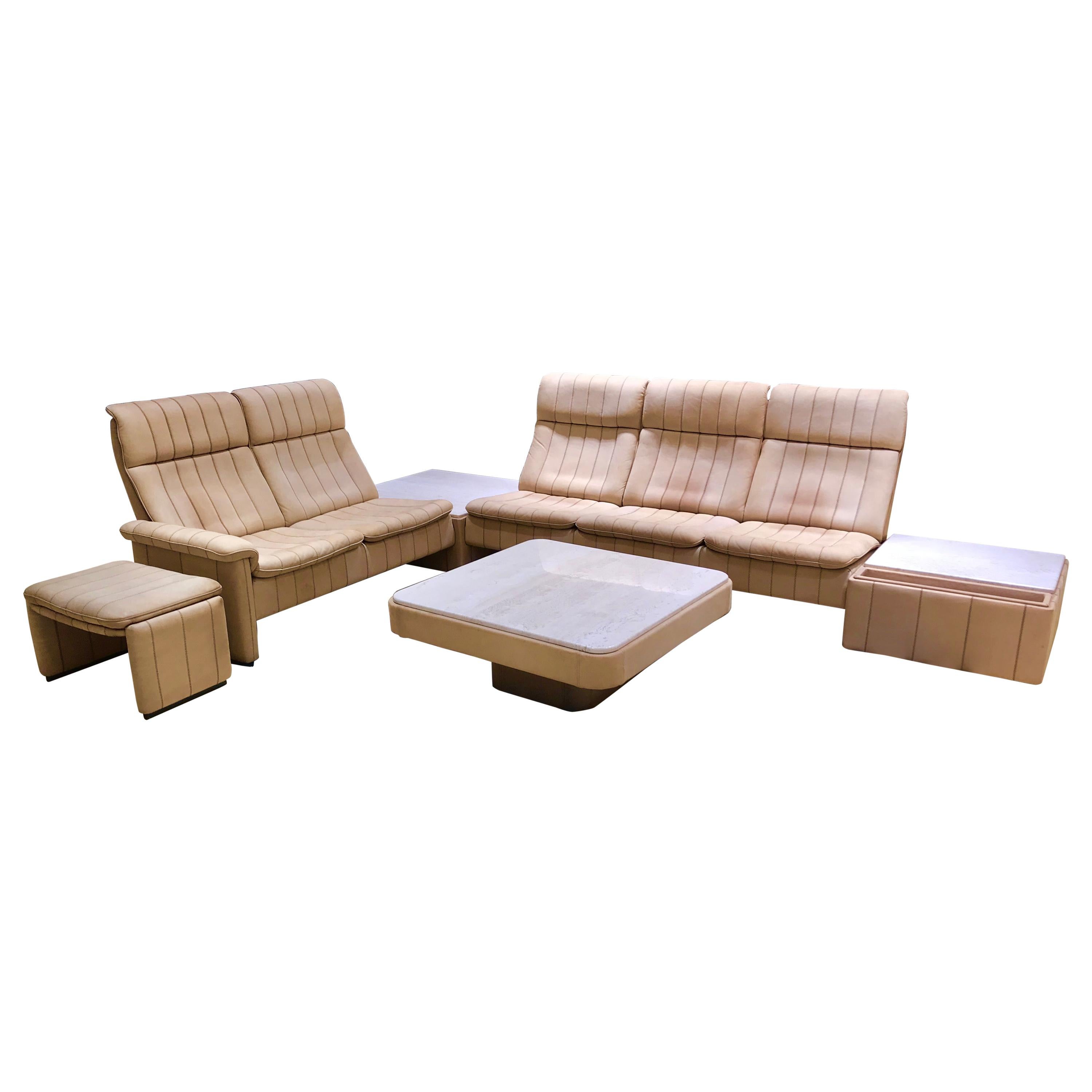 Handmade Swiss Neck-Leather Livingroom Set with Marble coffeetables by De Sede For Sale