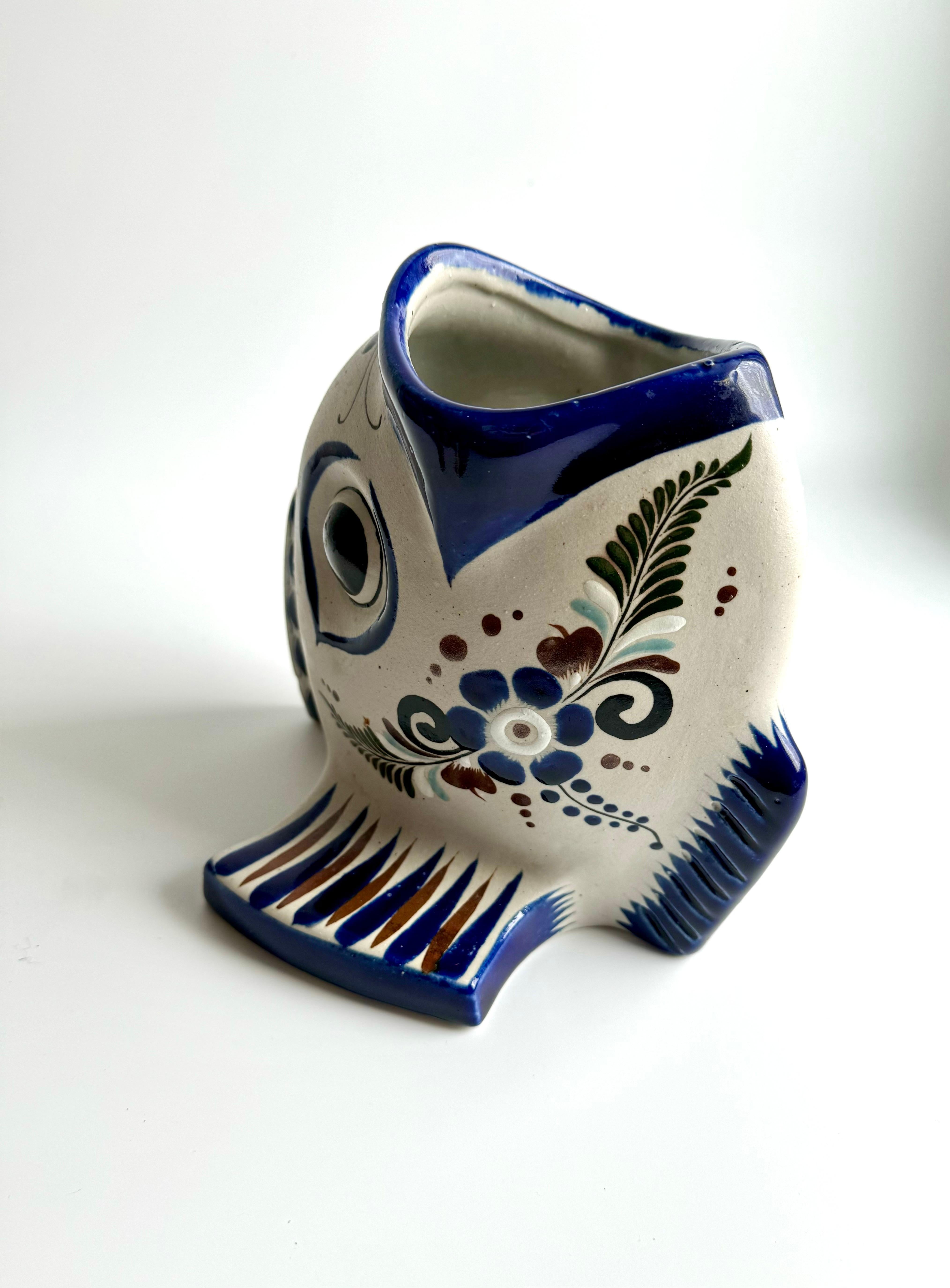Mexican Hand-made Tonala Pottery Folk Art Fish Vase Made in Mexico  For Sale