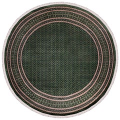 Tappeto tribale fatto a mano blu navy e verde con accenti di panna dall'India, rotondo