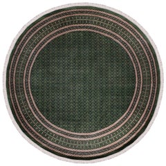 Tapis tribal fait à la main bleu marine et vert avec des accents crème d'Inde, rond