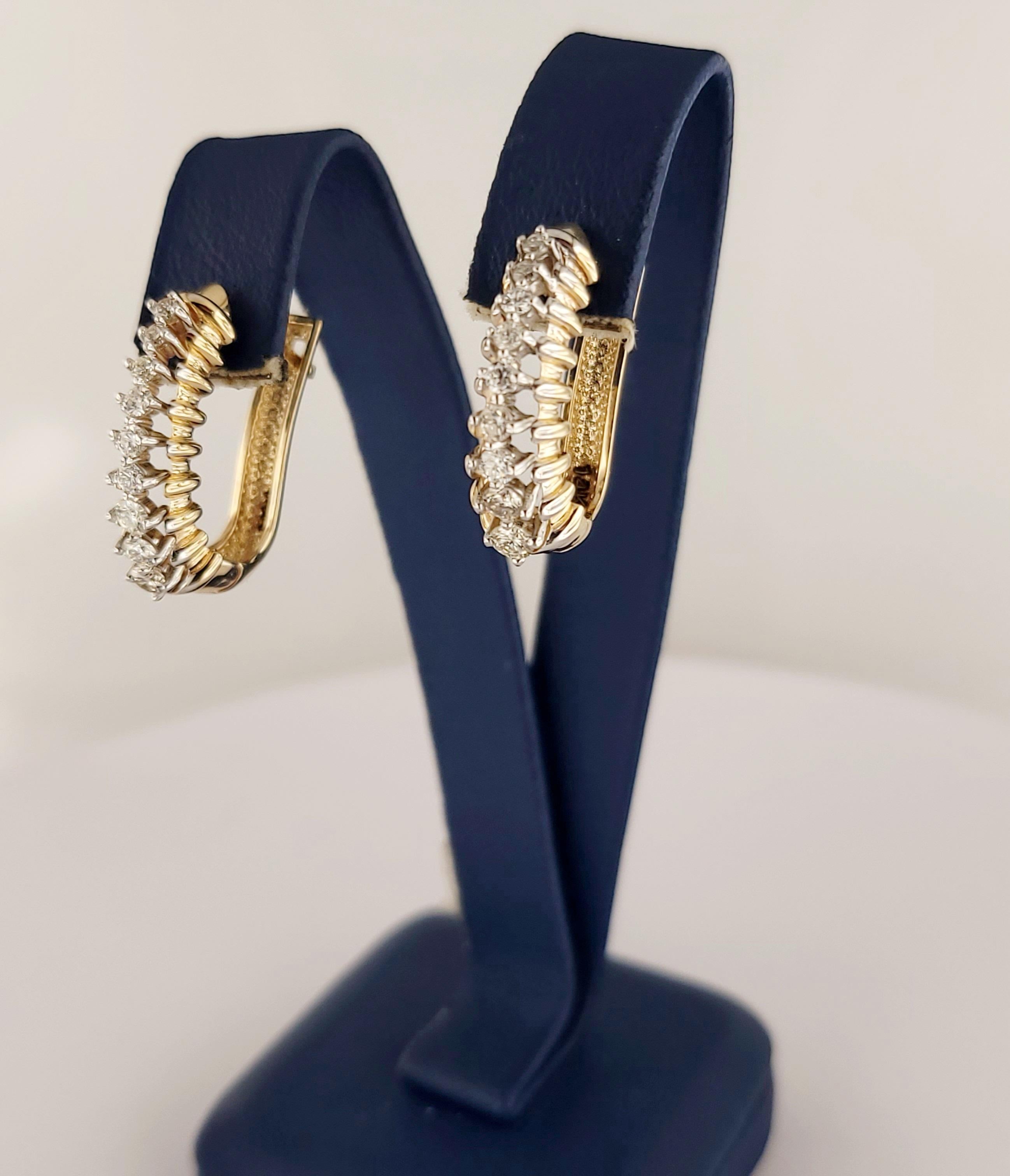 Hand Made Two-Tone Earrings with Diamonds
Material 14K White & Yellow Gold 
Diamonds .5ct 
Diamond Clarity VS
Color Grade G
Earring dimension : 9.8mm X 2.8mm 
Earring Weight 6.2 total gr 
Condition New, never worn
Retail Price $2,500