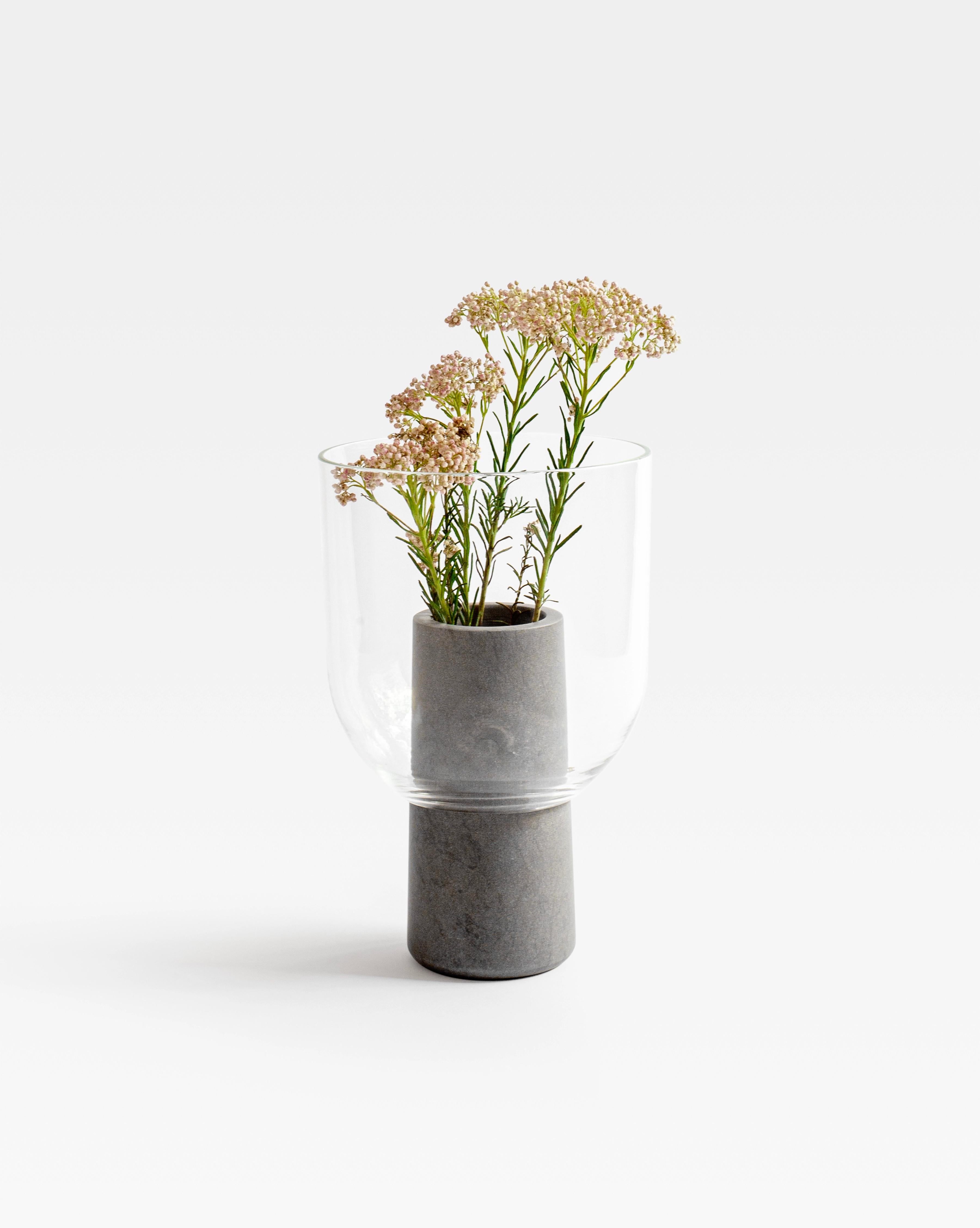 Hand-made Vase in Grey Fossena Marble and Blown Glass, Italy, Sandro Lopez In New Condition For Sale In Milano, IT