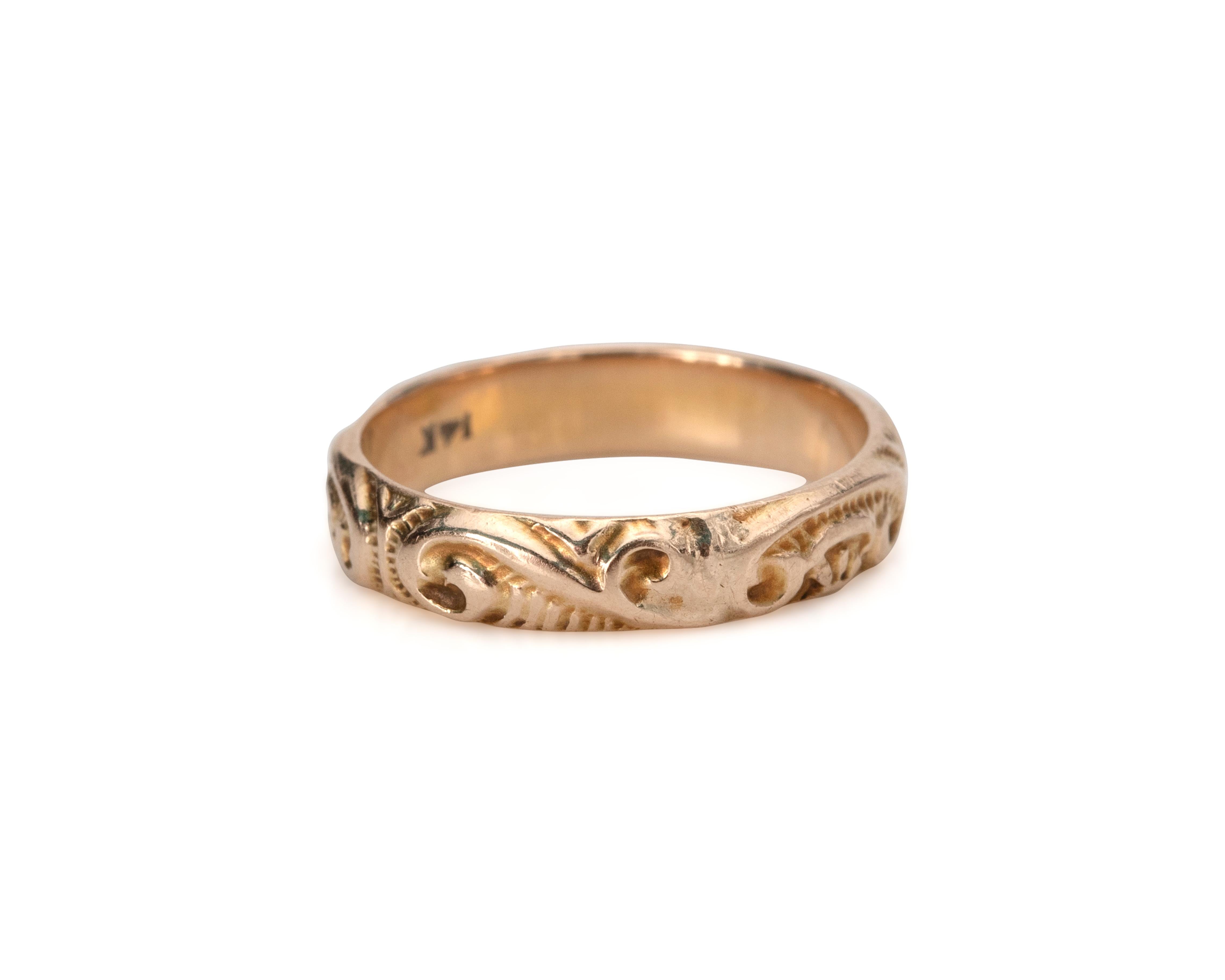 Description: 
This piece is a genuine hand made Victorian gold wedding band! This beautiful antique band is an excellent example of the early 20th-century style and high quality hand made detail! Likely from the early 1900's this Victorian beauty