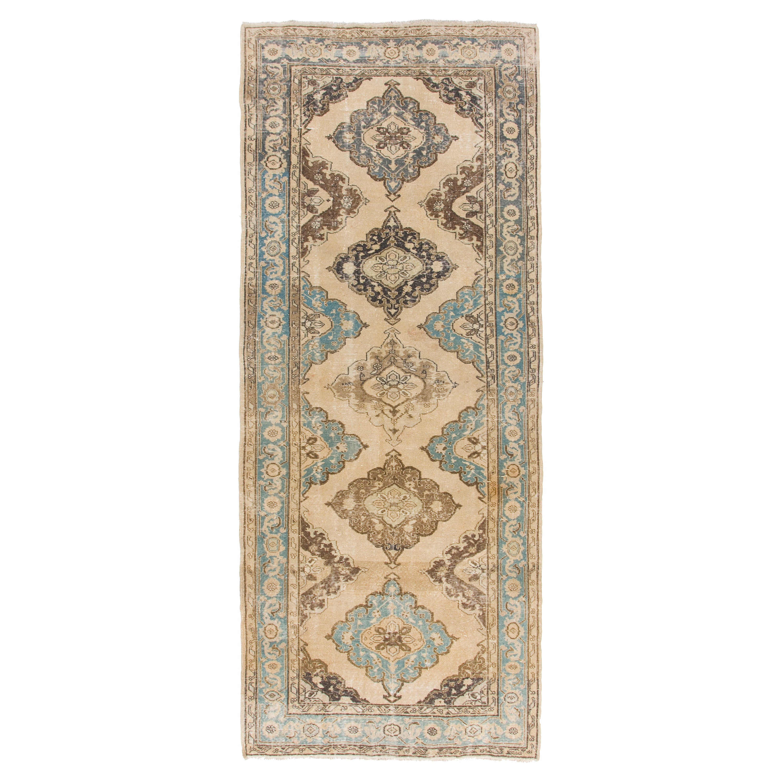 Alfombra de calle Vintage Anatolian Oushak de 5x12,2 pies hecha a mano. Alfombra de pasillo hecha a mano