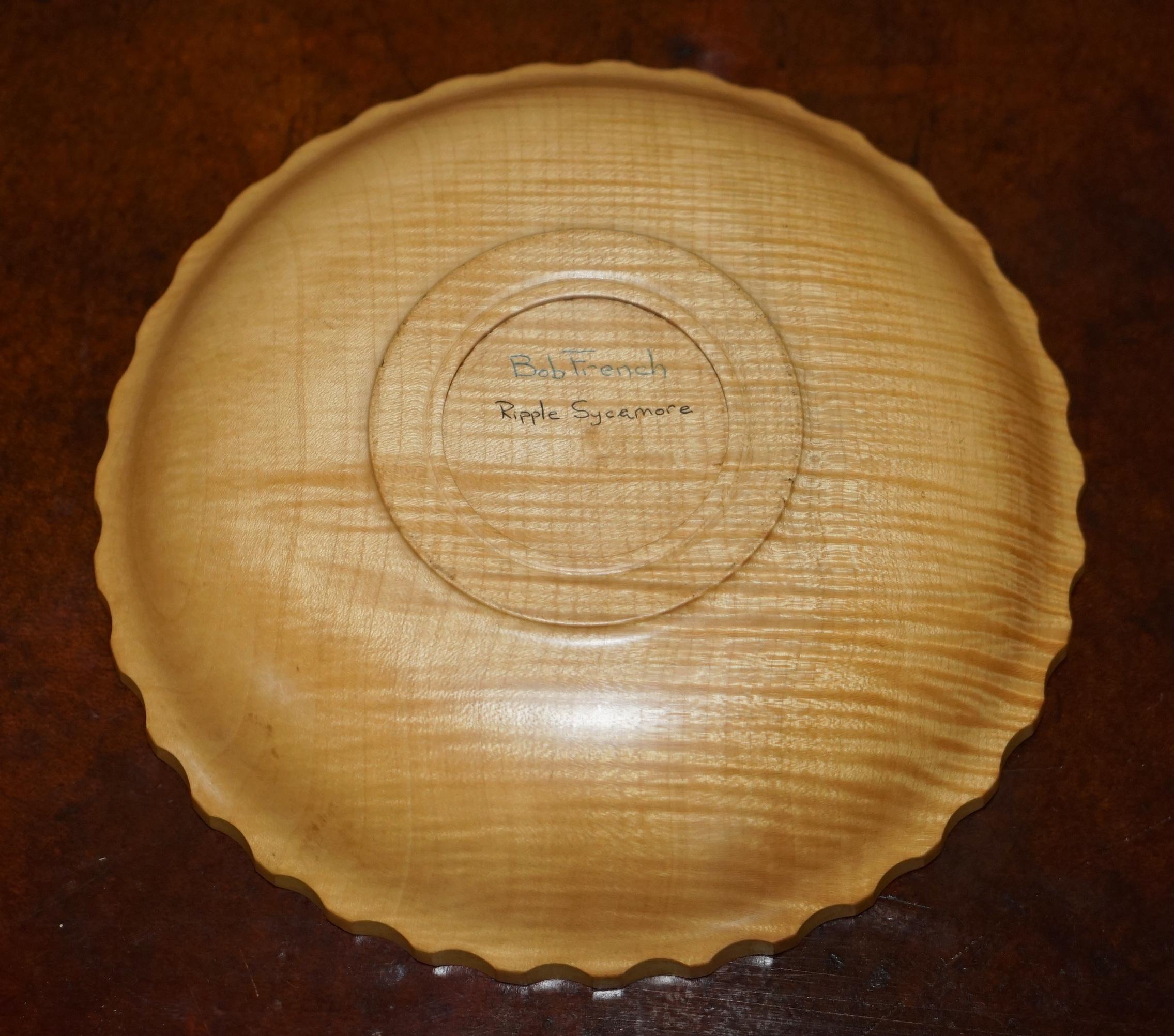 HAND MADE ViNTAGE RIPPLE SYCAMORE FRUIT BOWL SIGNED TO THE BASE BOB FRENCH For Sale 5