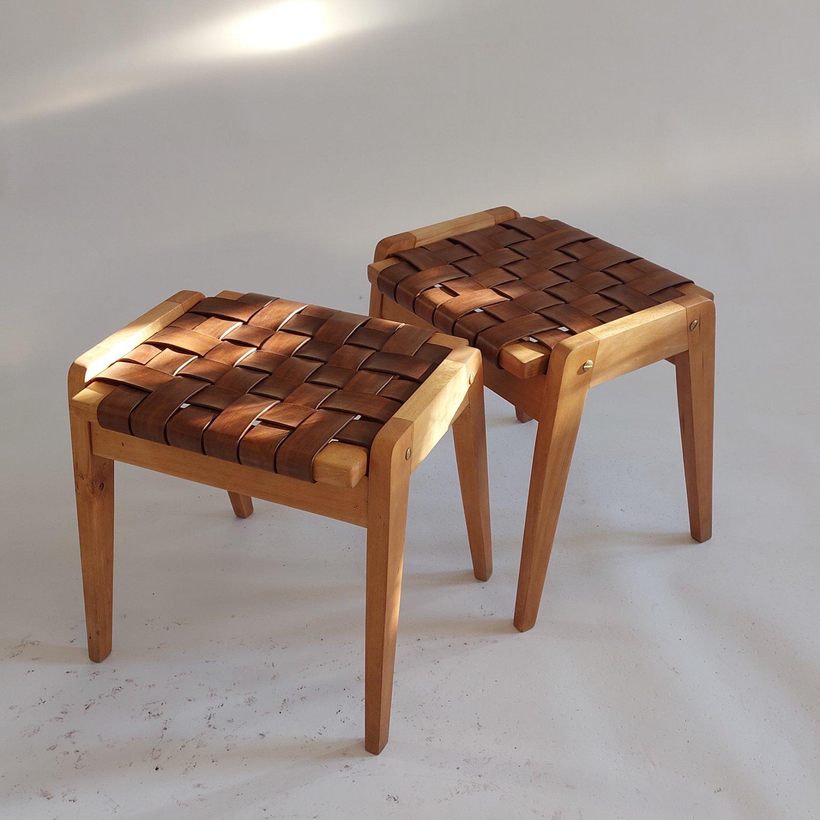 Bulgarian Hand Made Walnut Belt Stool with Leather Seat by PUNKT Workshop For Sale