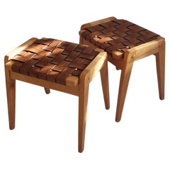 Hand Made Walnut Belt Stool with Leather Seat by PUNKT Workshop