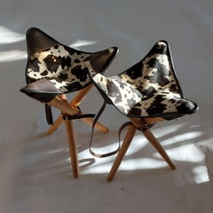 Hand Made Walnut Tripod Folding Stool Dalmatian Leather Seat by PUNKT Workshop