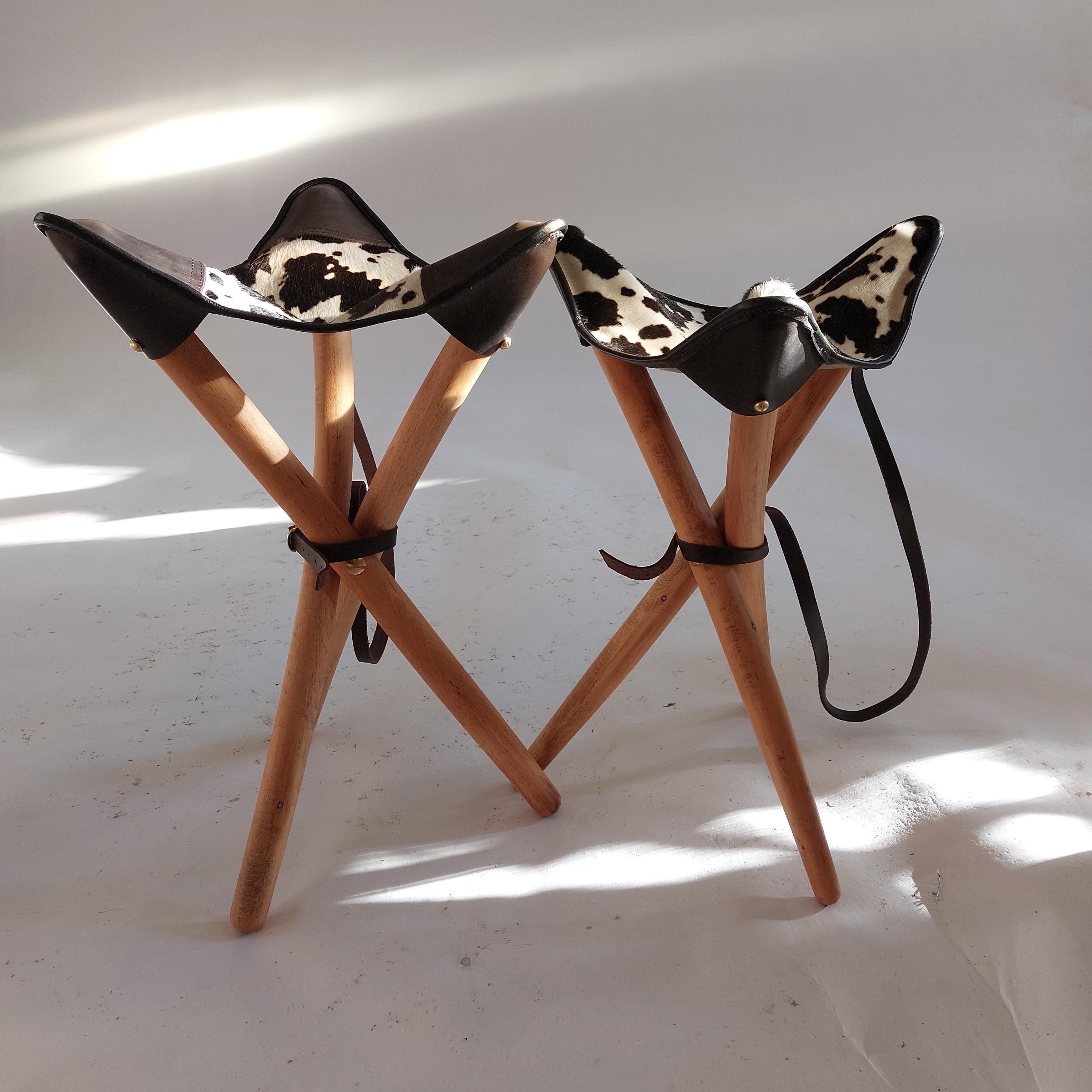 Bulgarian Hand Made Walnut Tripod Folding Stool Dalmatian Leather Seat by PUNKT Workshop For Sale