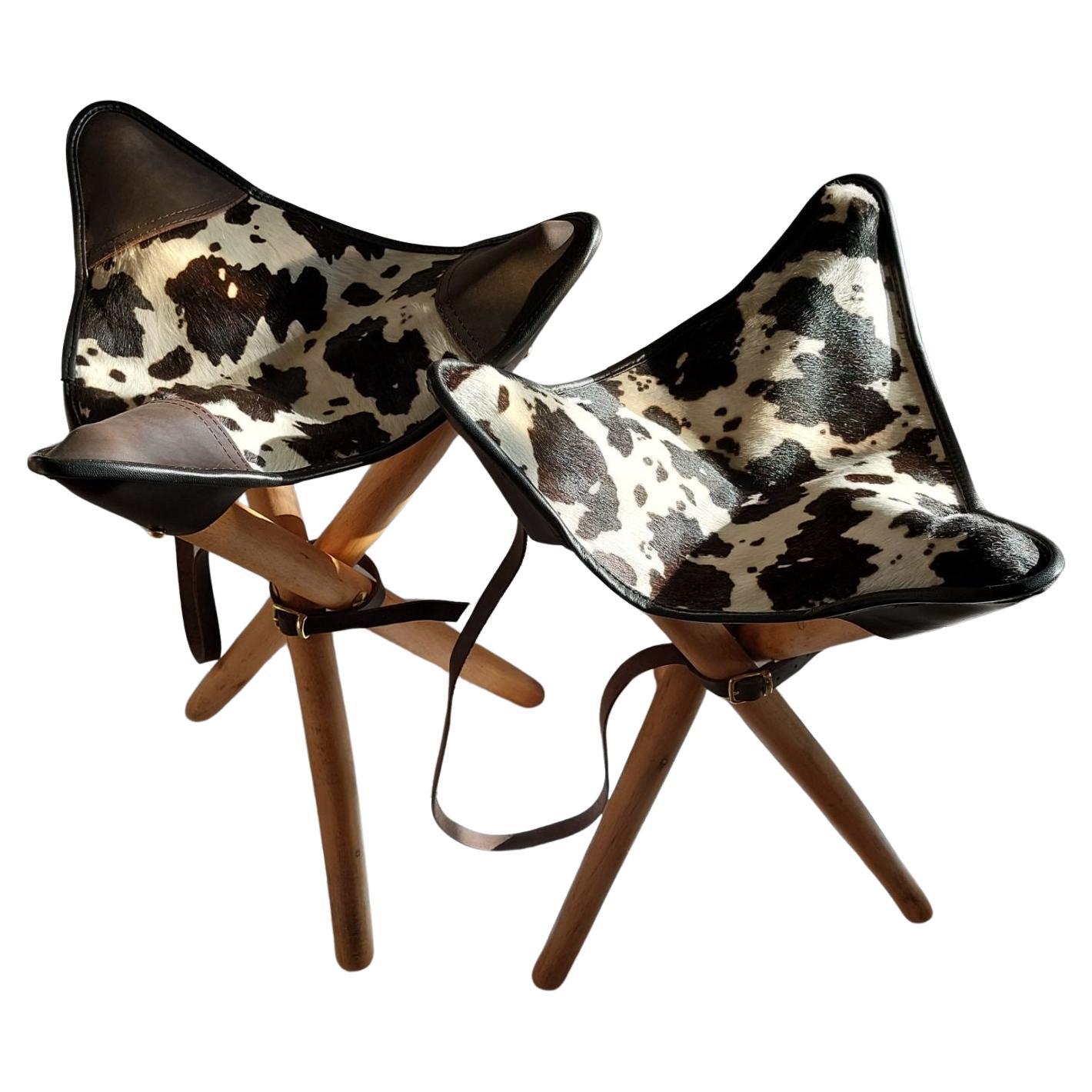 Hand Made Walnut Tripod Folding Stool Dalmatian Leather Seat by PUNKT Workshop